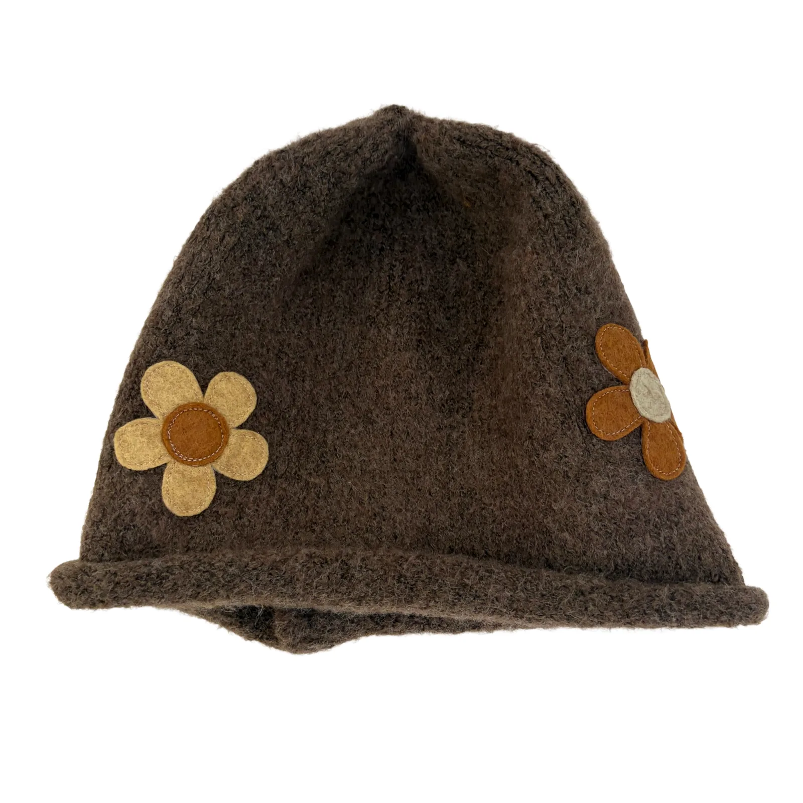 A dark brown felt beanie hat featuring two decorative felt flowers on the sides, one larger tan flower and one smaller orange flower with a white center, shown against a plain white background.