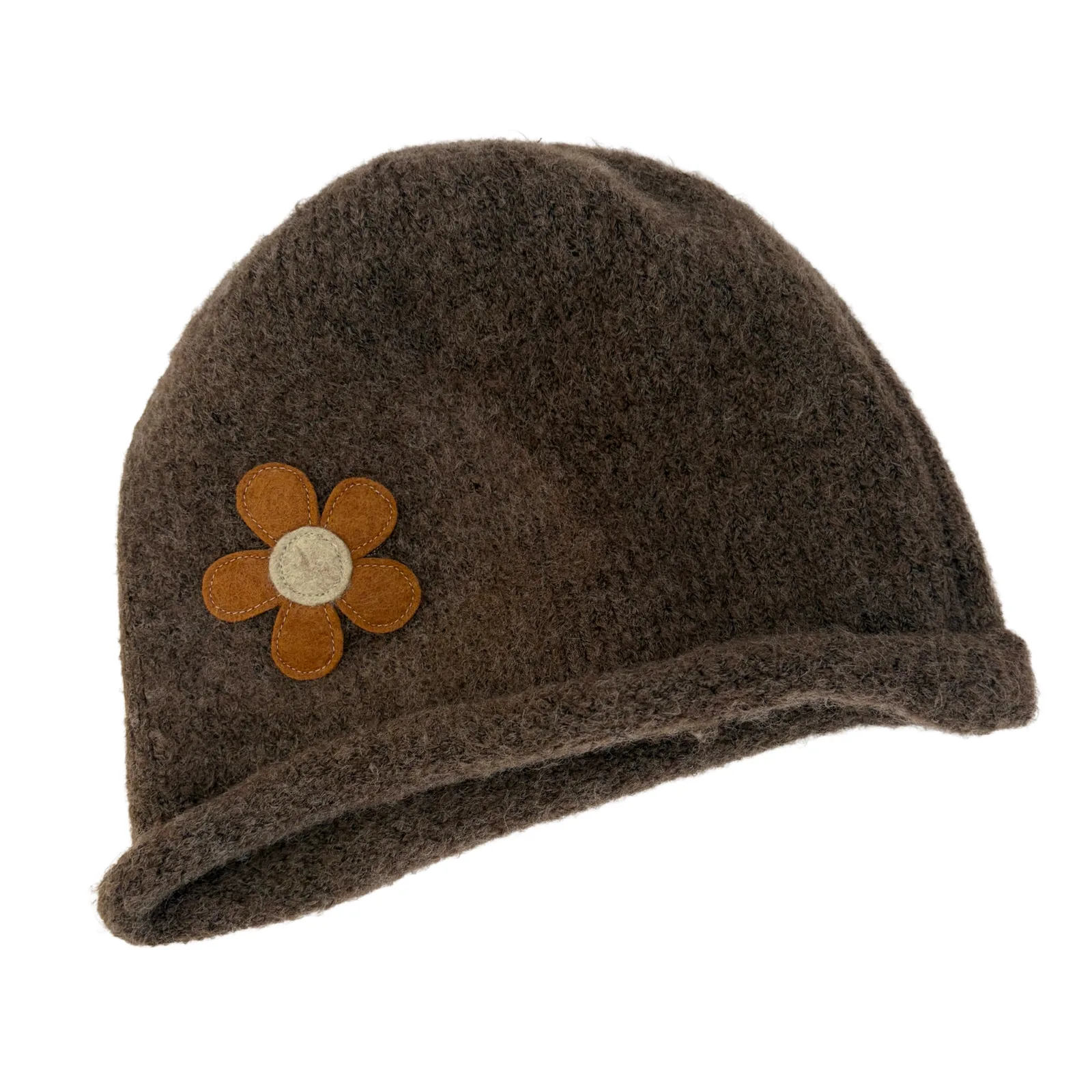 A dark brown felt beanie hat featuring a small felt flower accent on the side with brown petals and a light beige center, shown against a plain white background.