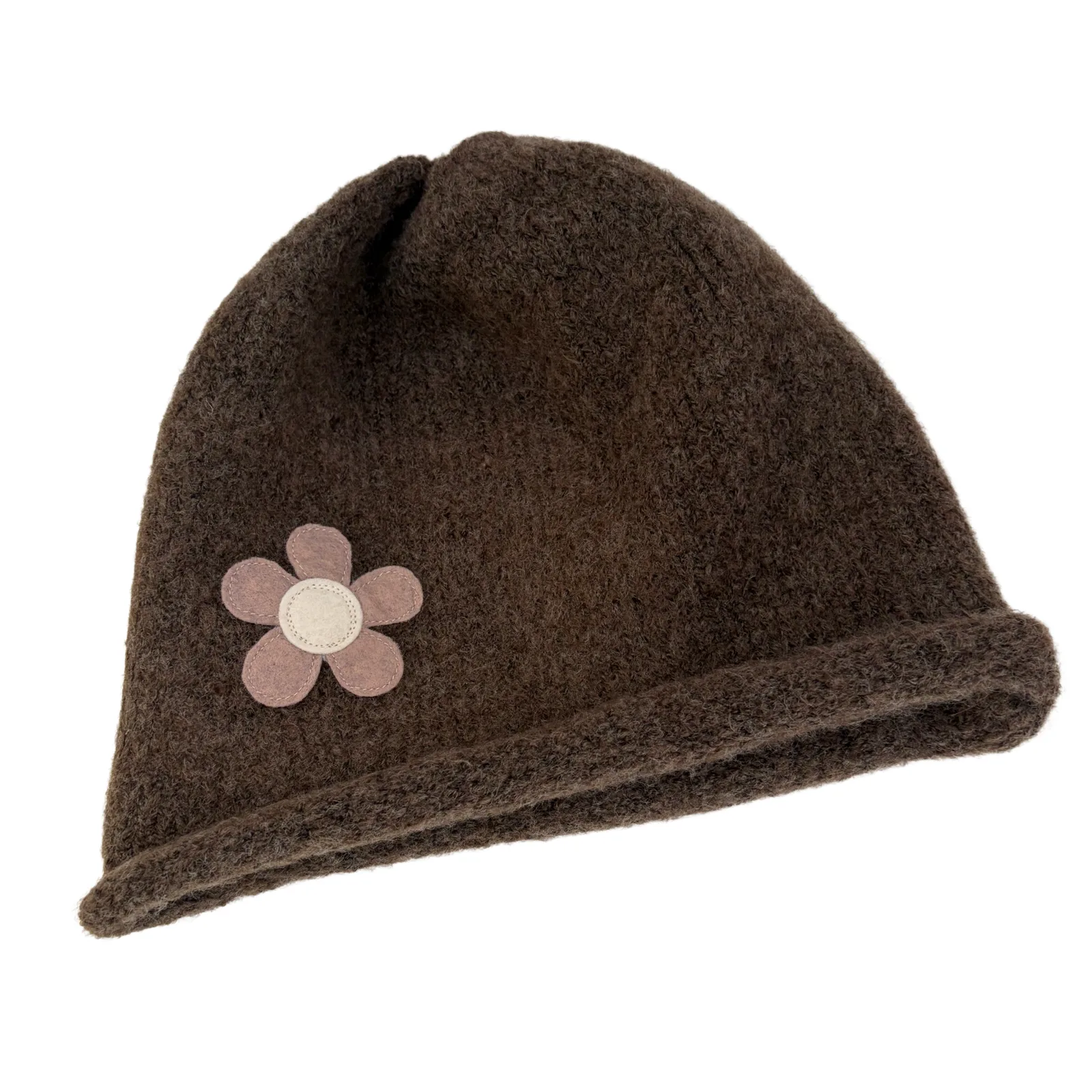 A dark brown felt beanie hat featuring a small pink flower applique with a beige center on the side, set against a plain white background.