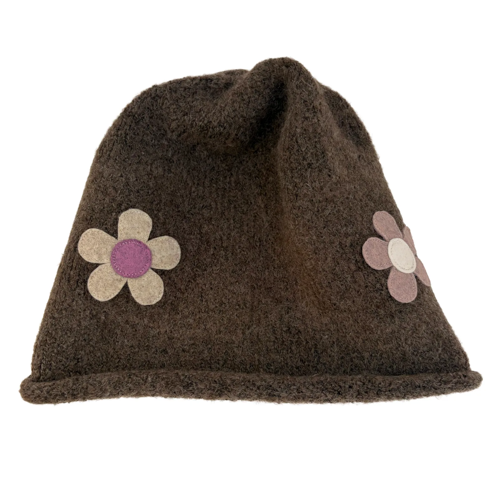 A dark brown fuzzy beanie hat featuring two felt flower appliqués on the front, one larger and one smaller, on a plain white background.