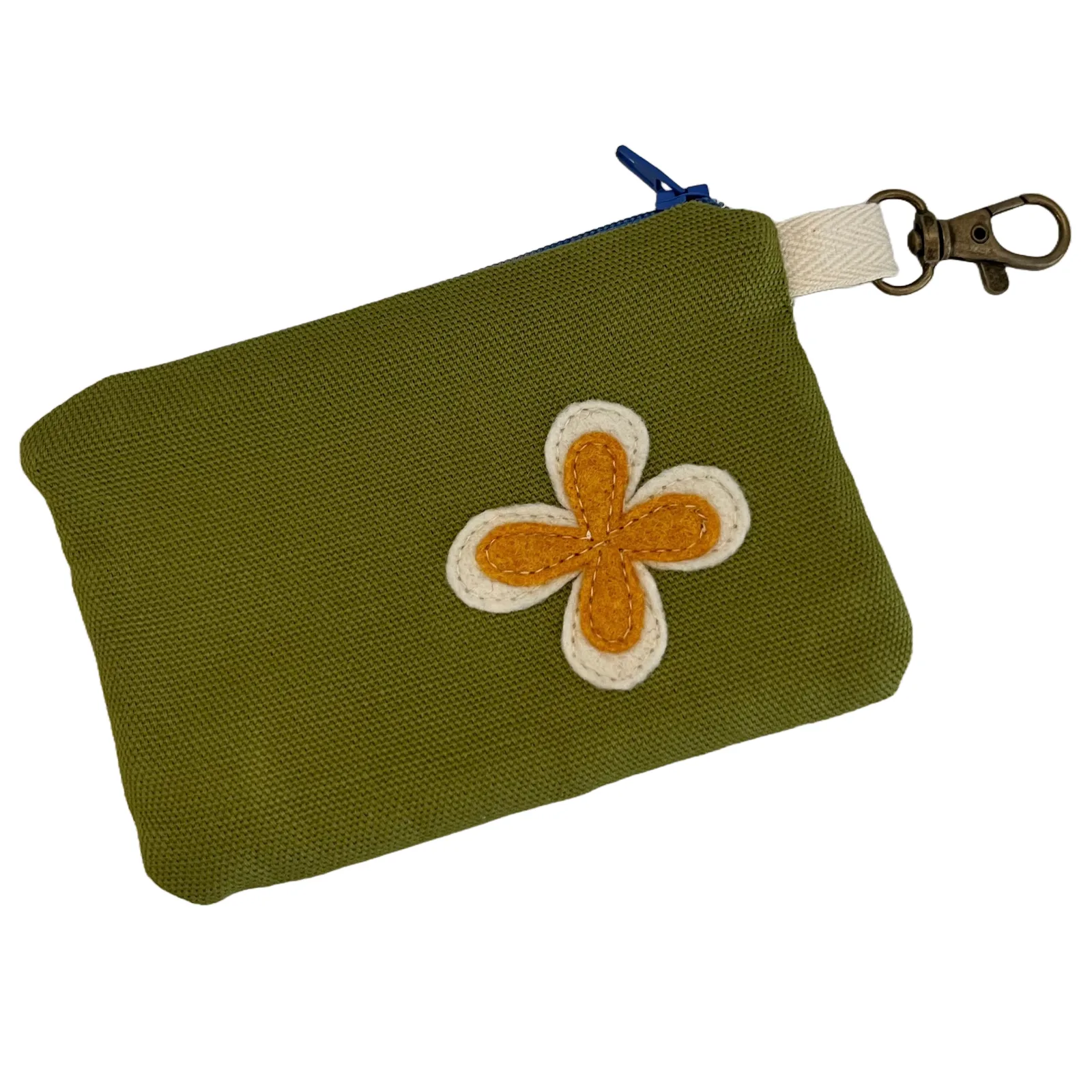 Green pouch with a flower design and keychain clip on a white background