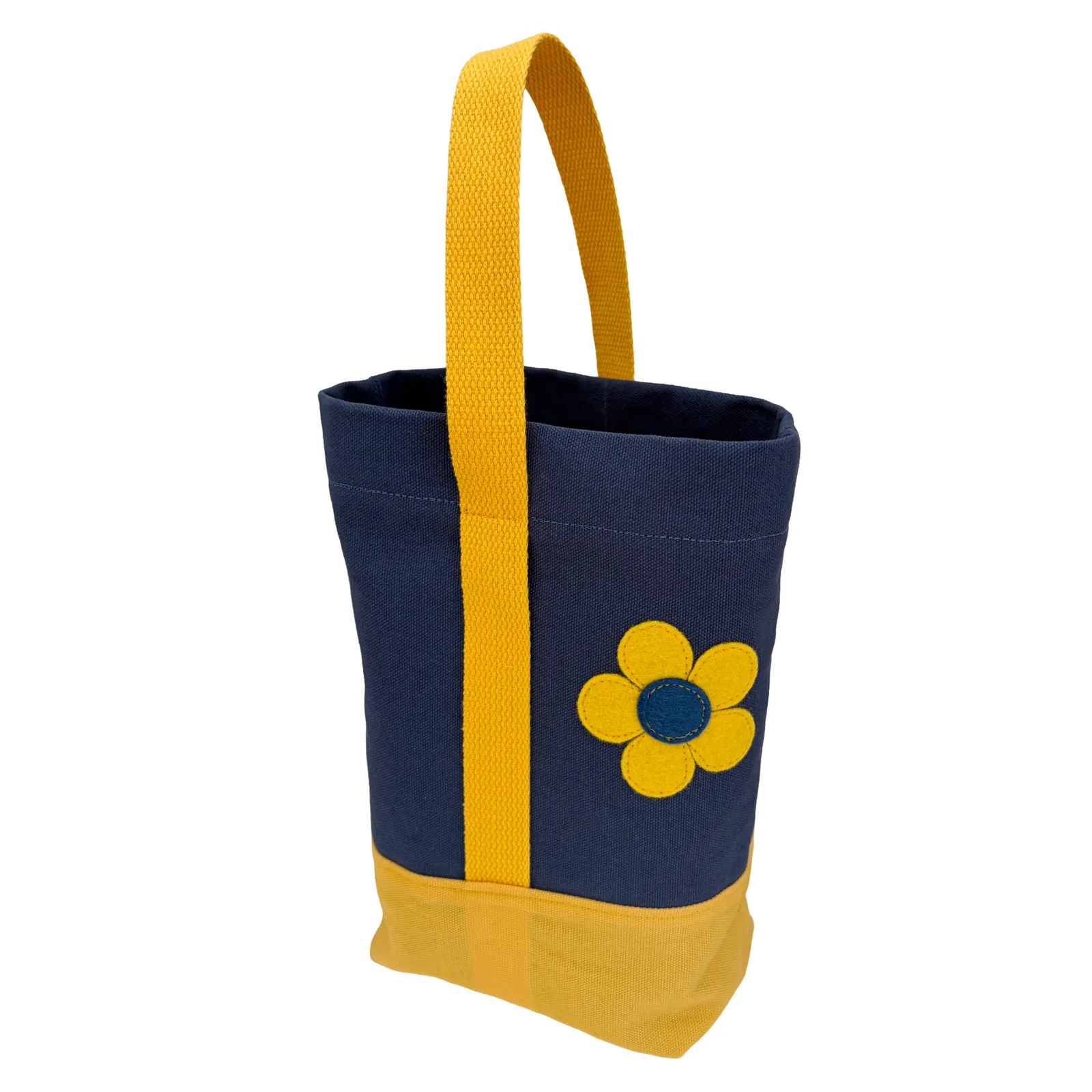 A navy blue canvas wine tote bag with a bright yellow woven handle, yellow bottom panel, and a yellow flower applique on the front, shown against a plain white background.
