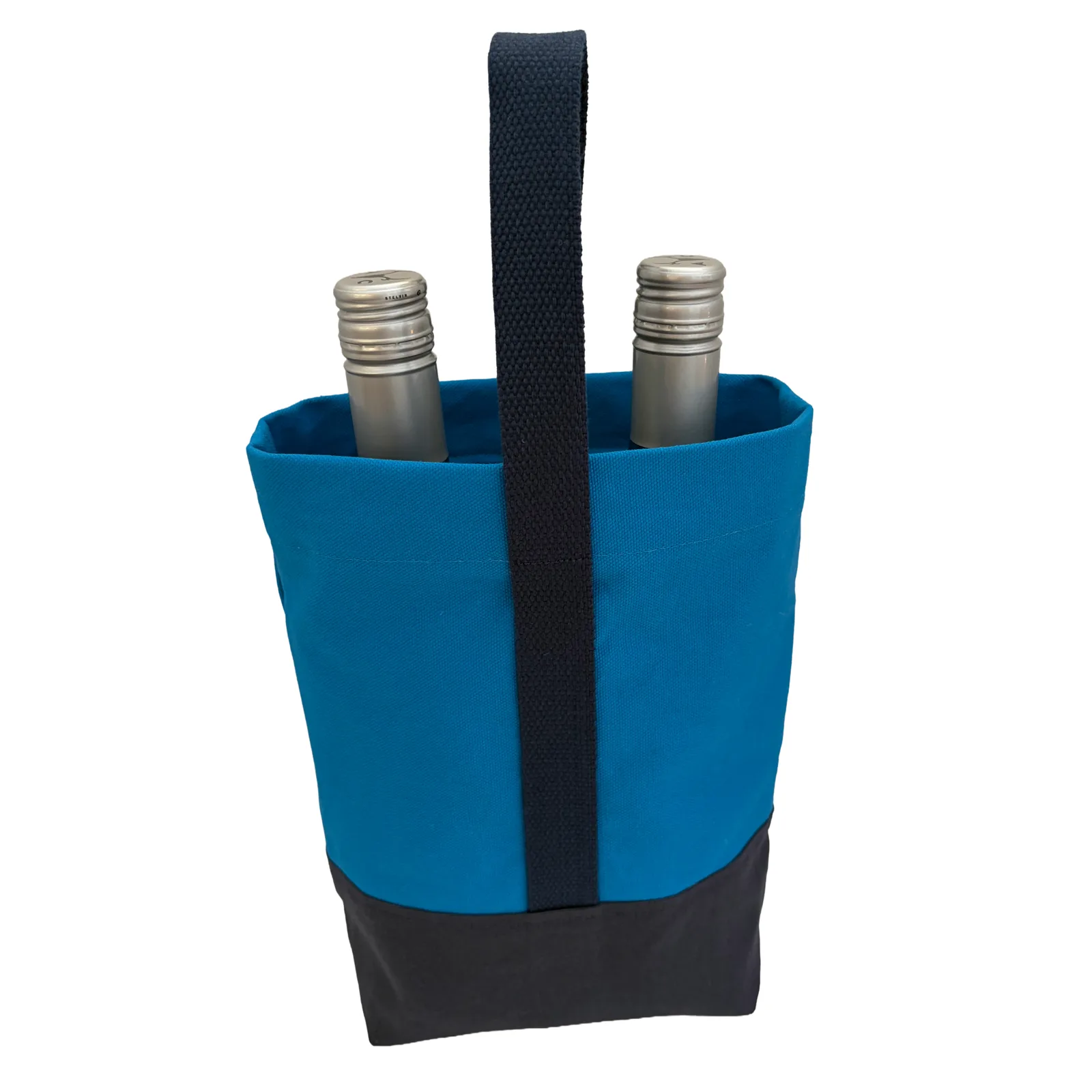 A blue and dark blue fabric wine carrier bag, holding two wine bottles, shown against a plain white background.