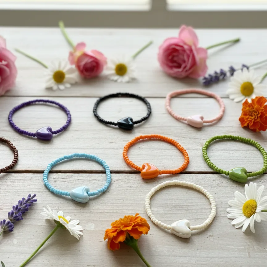 Colorful bracelets on a wooden surface with flowers
