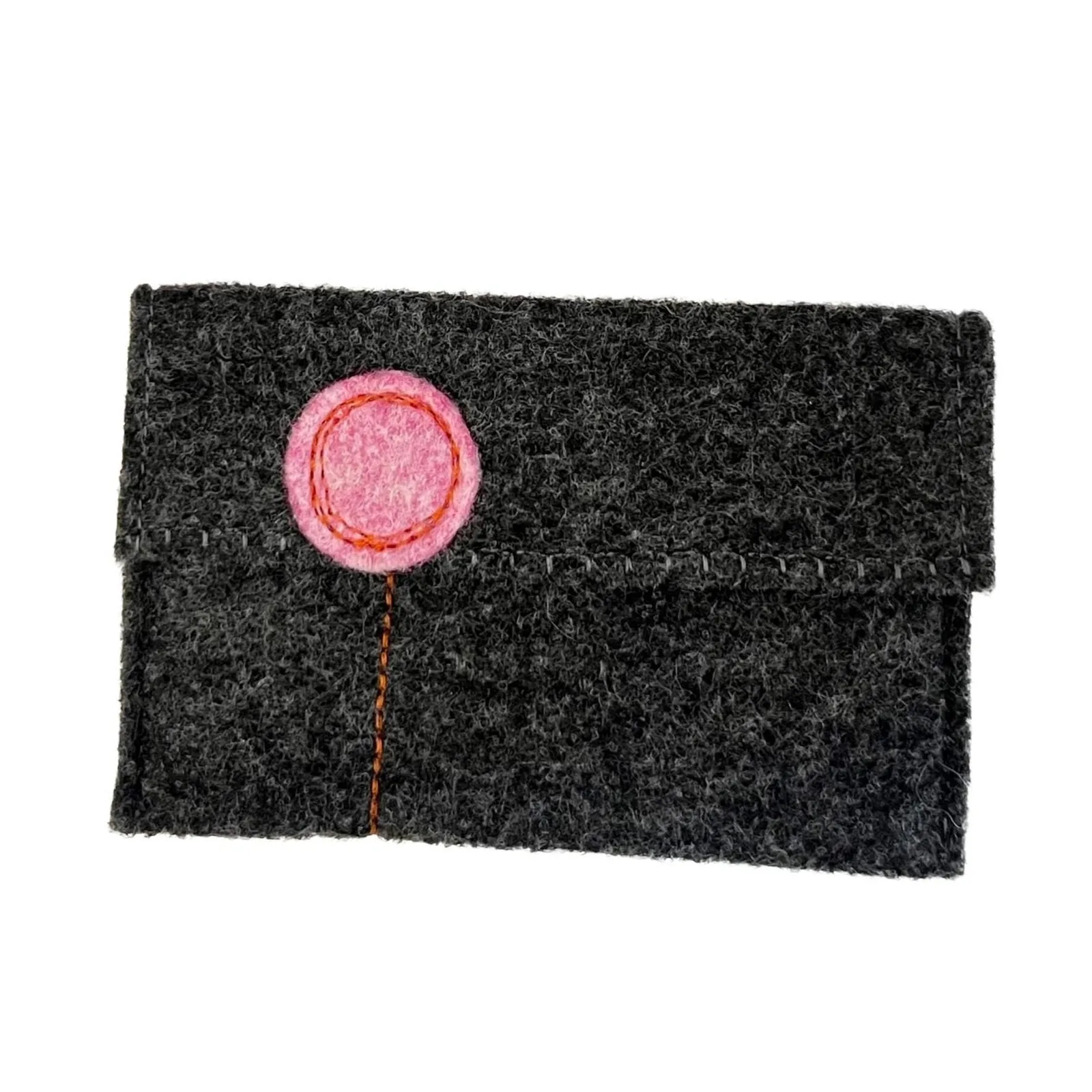 Dark gray felt cardholder with a pink circular design on a white background