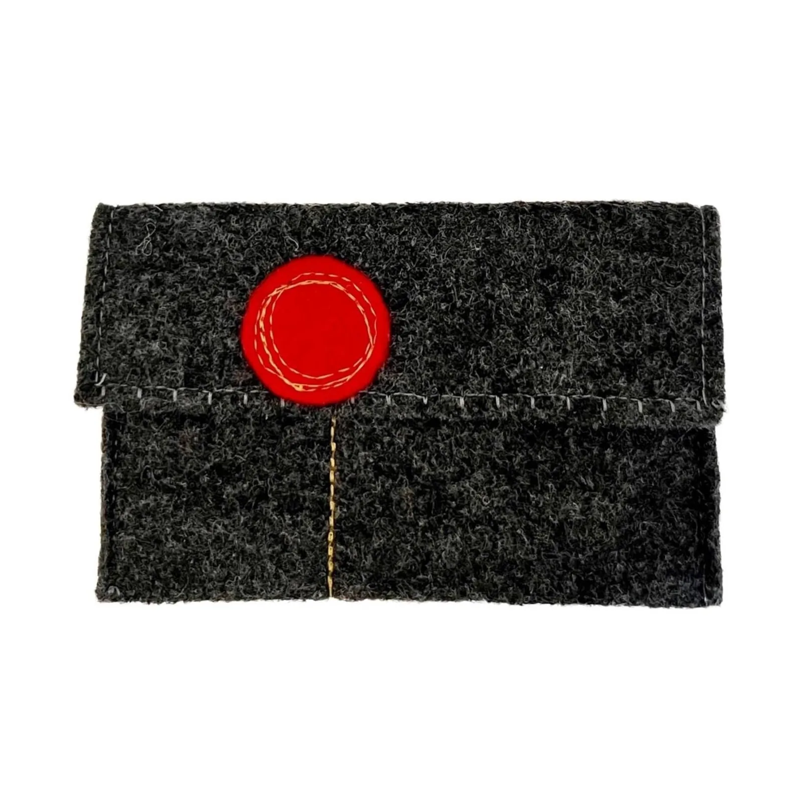 Dark gray felt pouch with a red circular patch on a white background