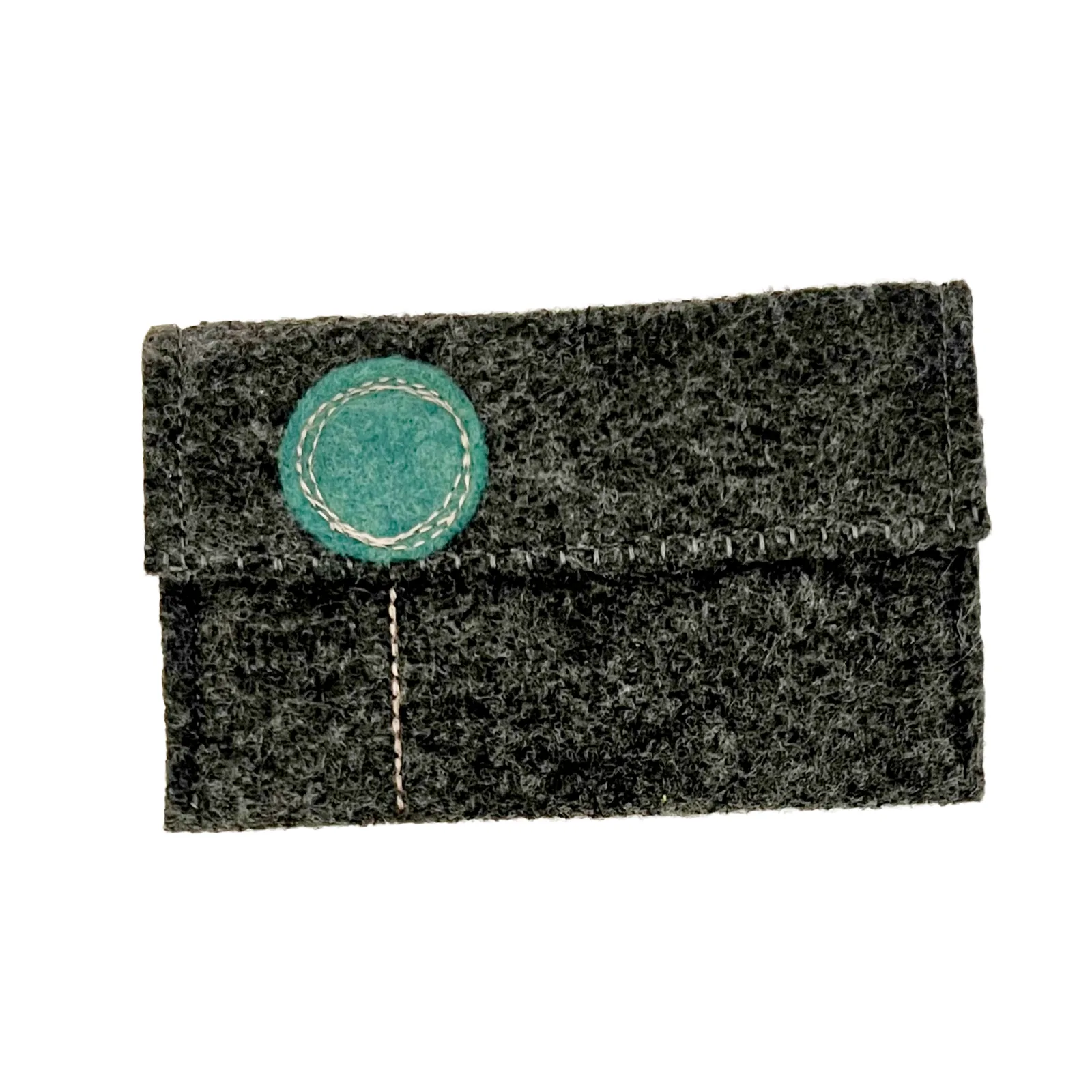Dark gray felt pouch with a green circular patch on a white background