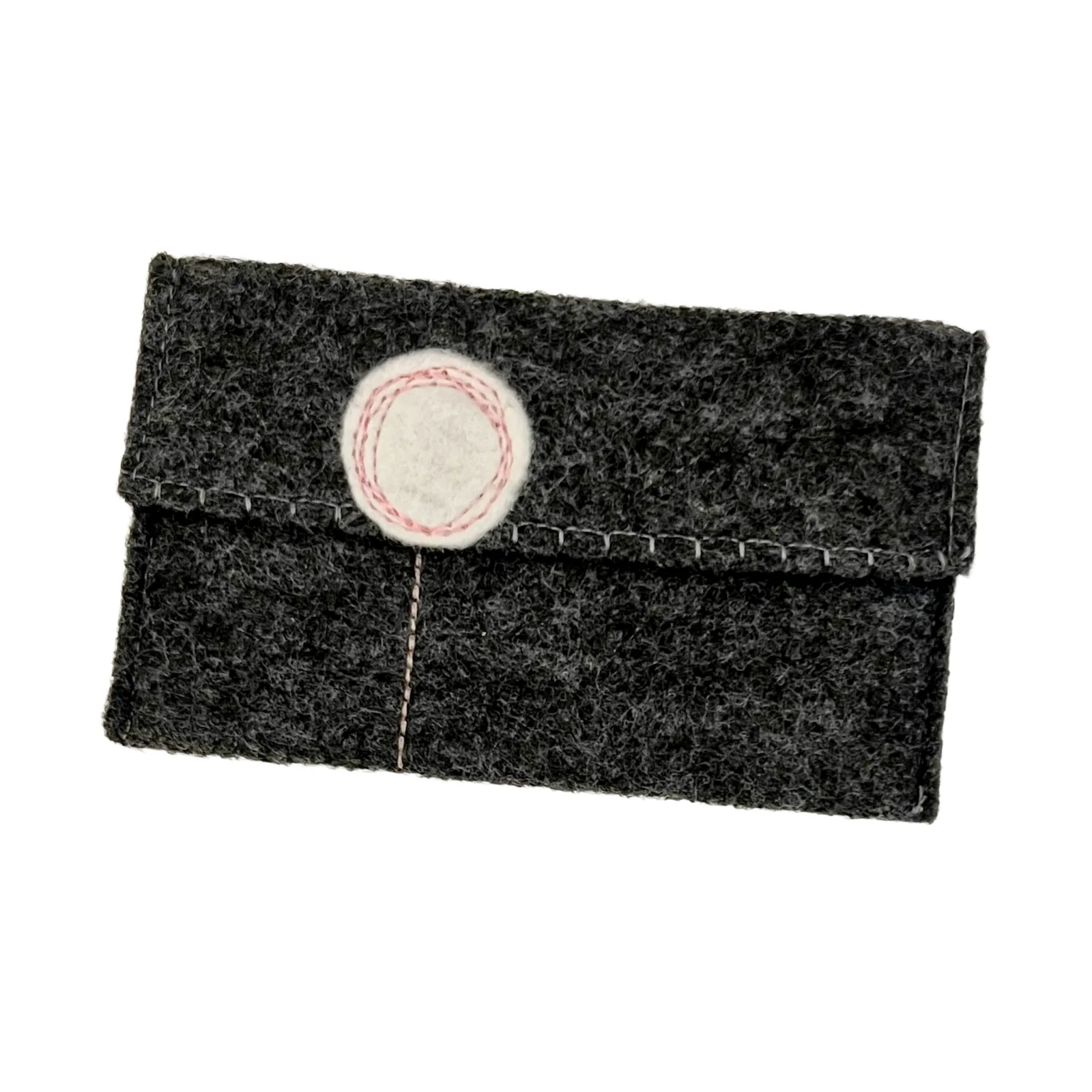 Black felt cardholder with a circular patch on a white background