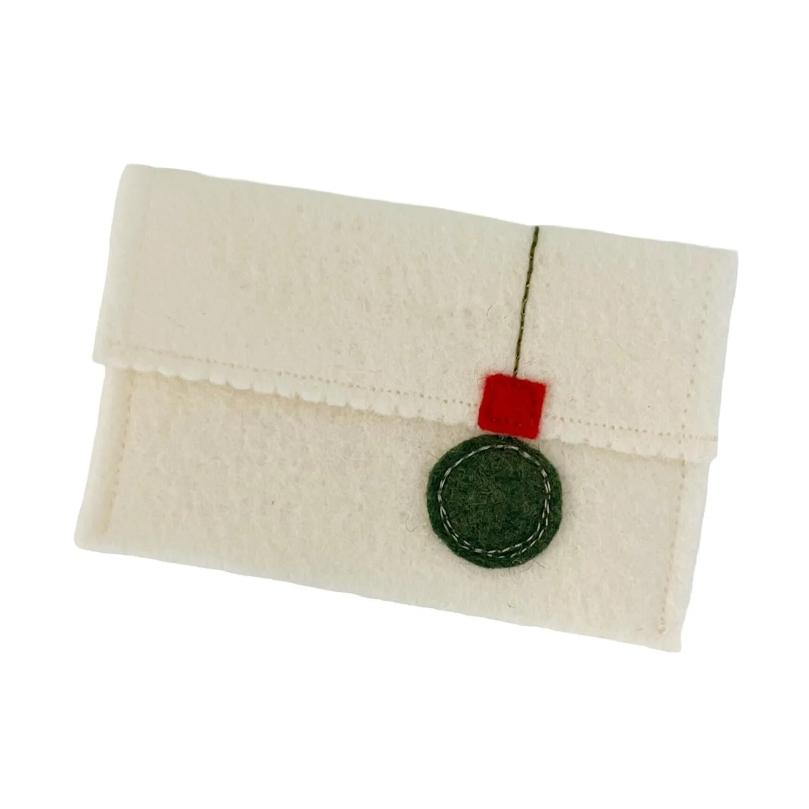 Small cream fabric pouch with a green and red ornament on a white background