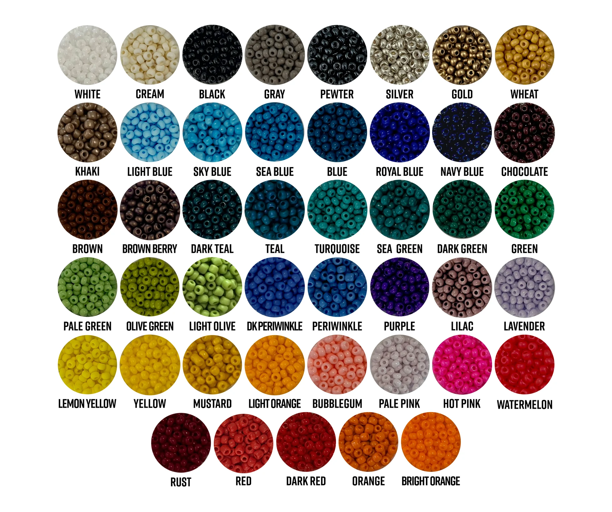 Seed bead color chart with 45 named colors