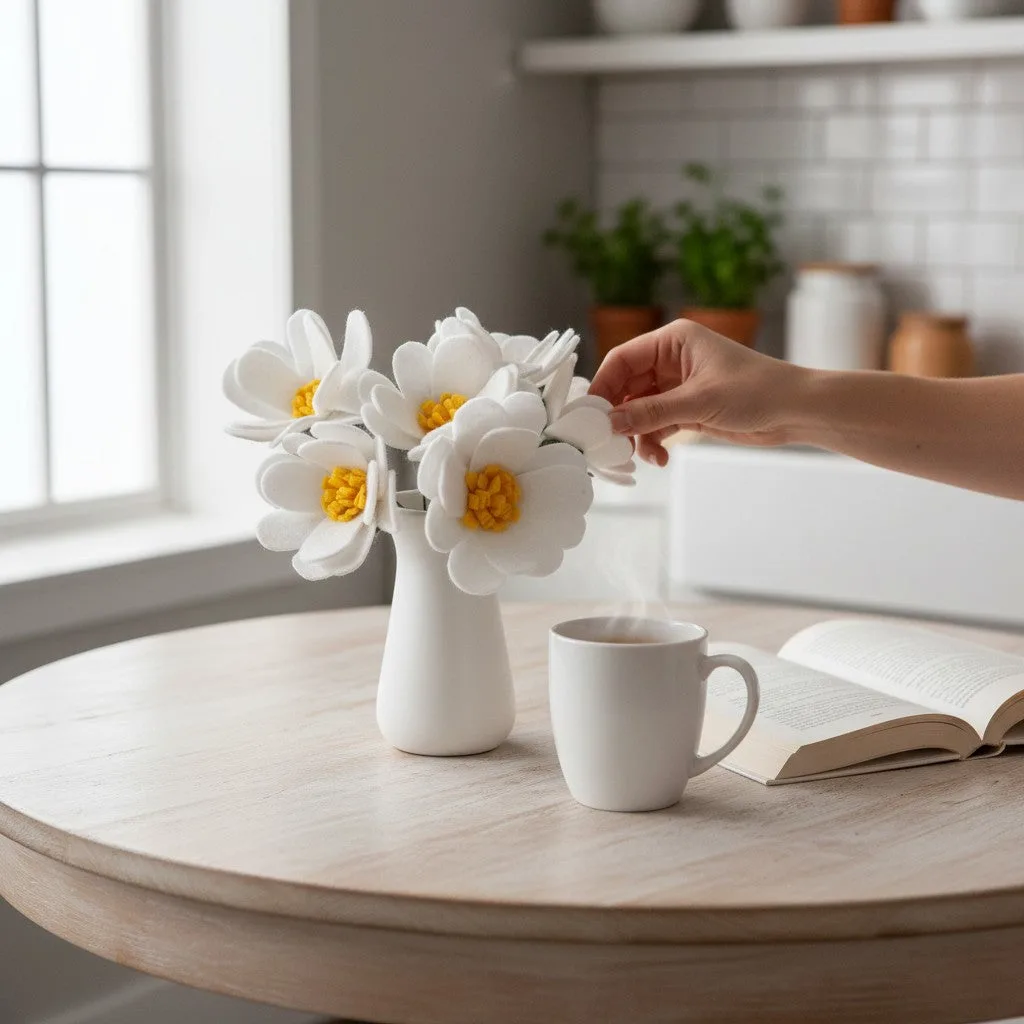 Be Kind Goods handmade white felt daisy stems in a small vase on a wooden table next to a steaming mug and book