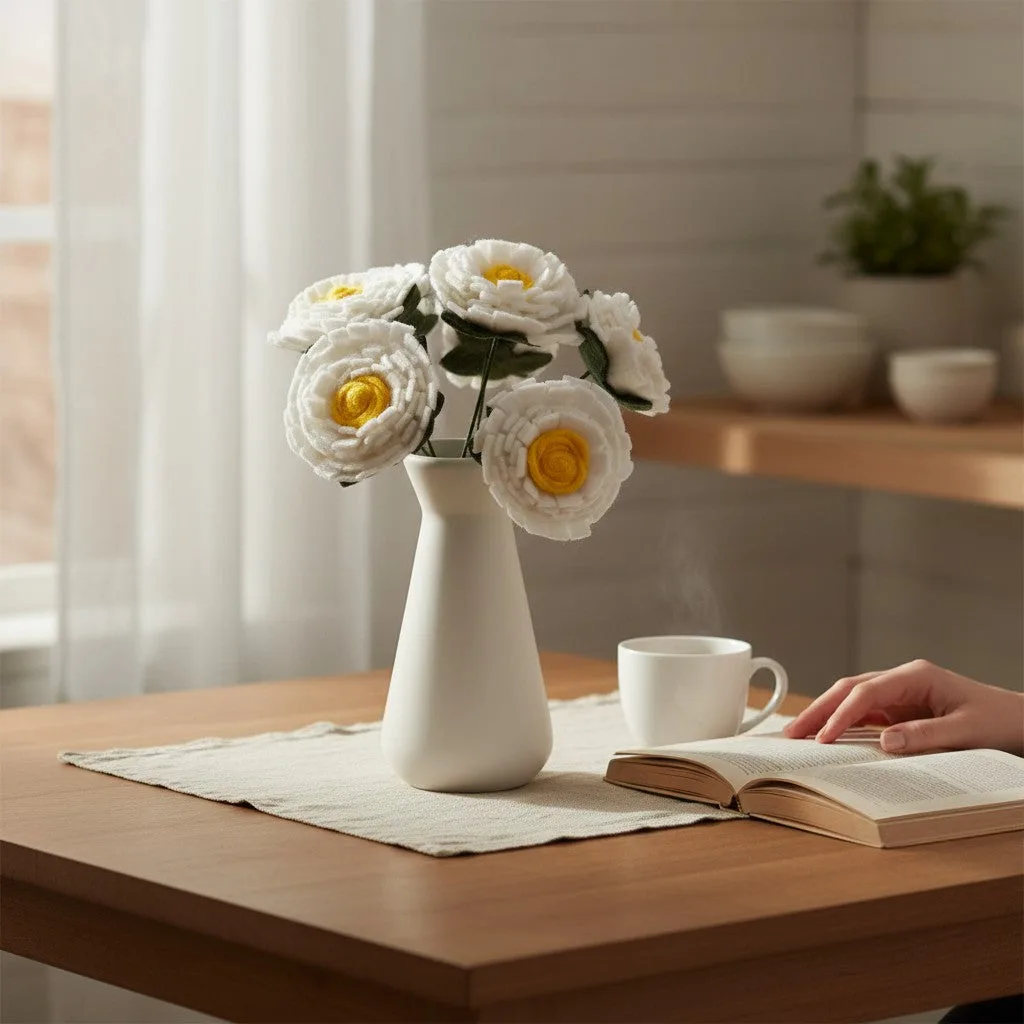 Be Kind Goods handmade white and yellow felt daisy stems arranged in a minimalist white vase on a wooden table.