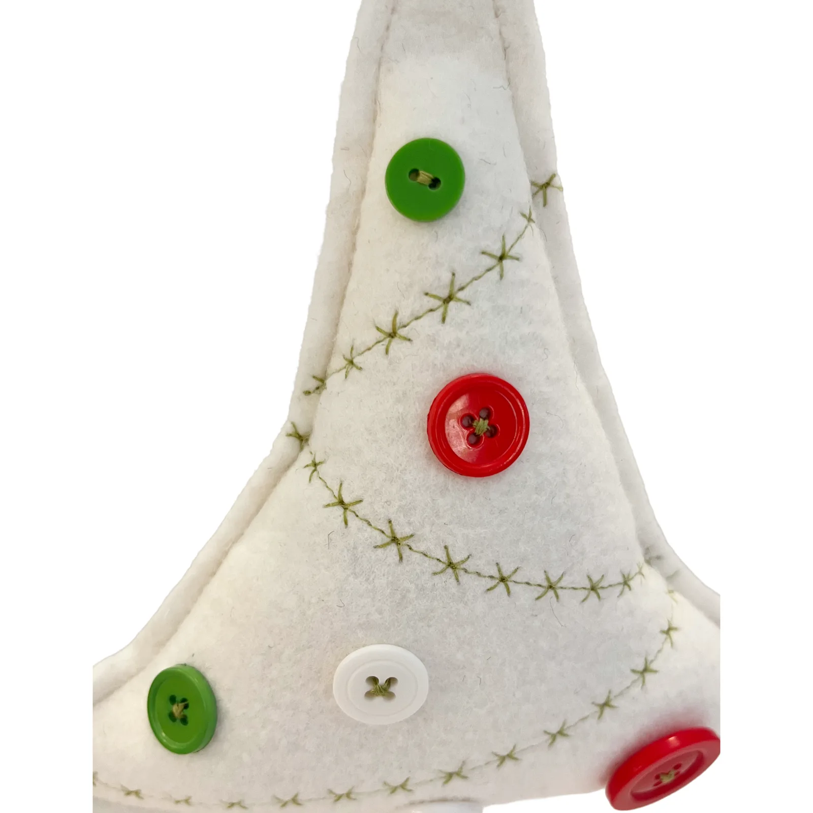 Decorative Christmas tree-shaped plush toy with buttons on a white background
