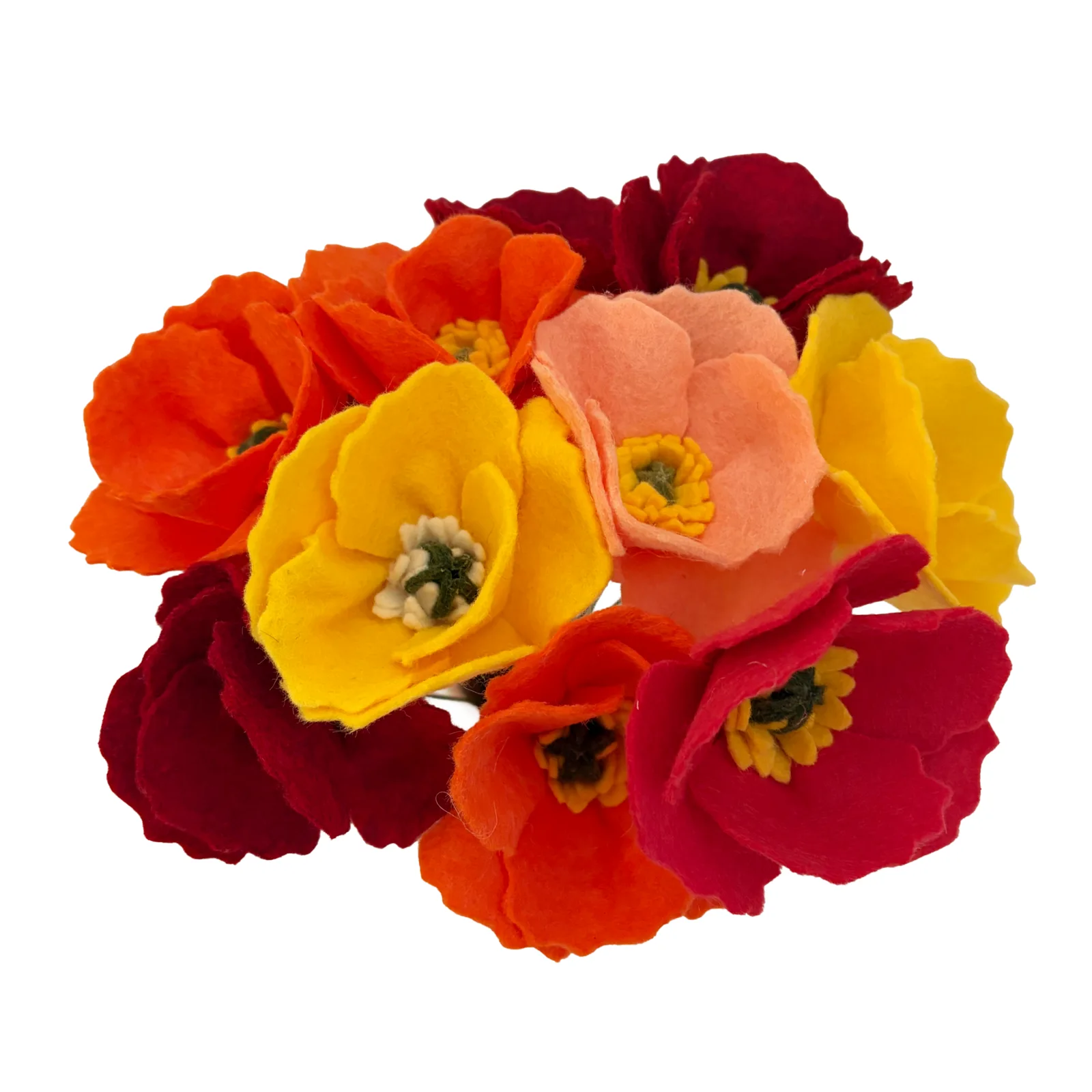 A cluster of felt poppy flowers in vibrant shades of yellow, orange, red, and peach, arranged on a plain white background.