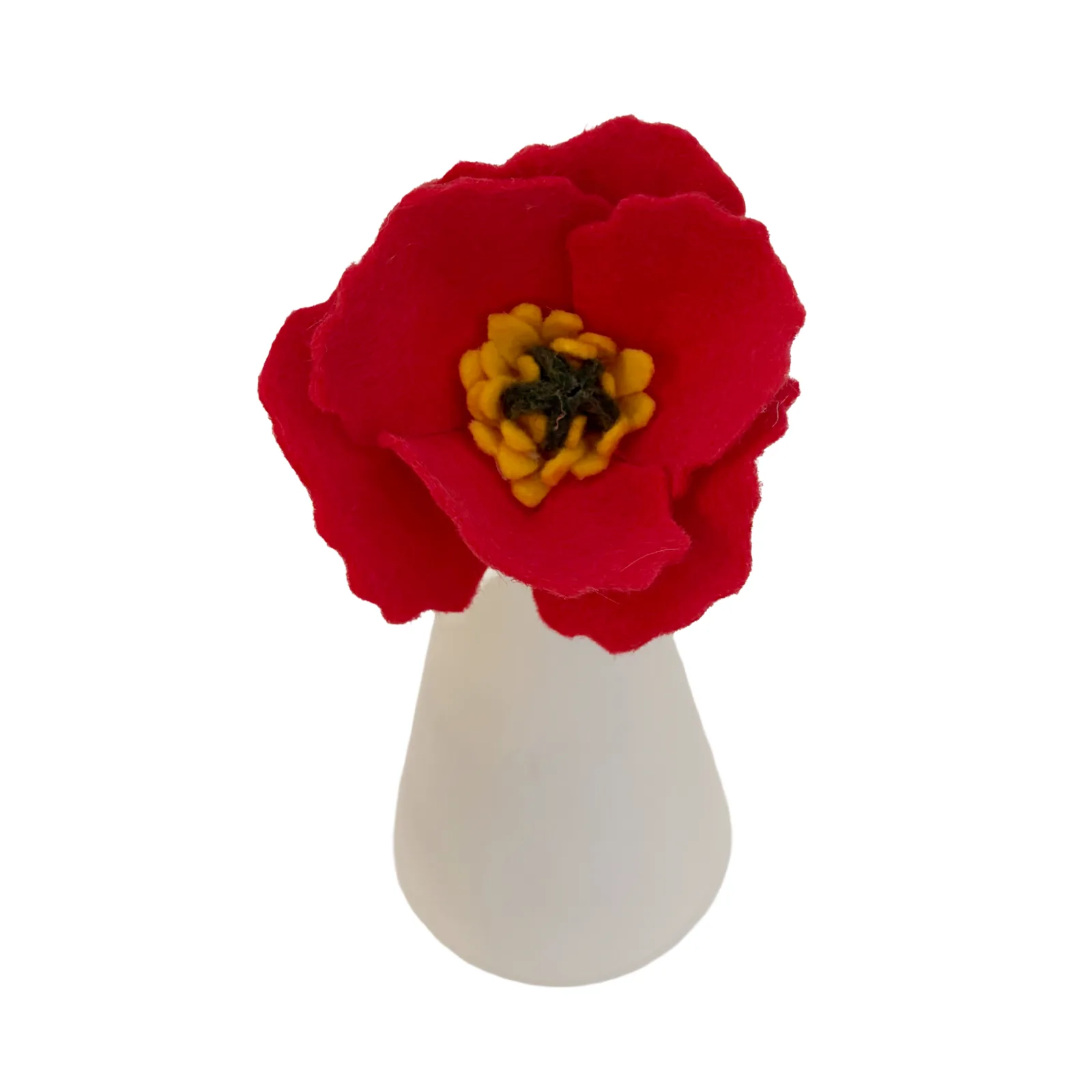 A deep pink poppy felt flower with a textured green and yellow center