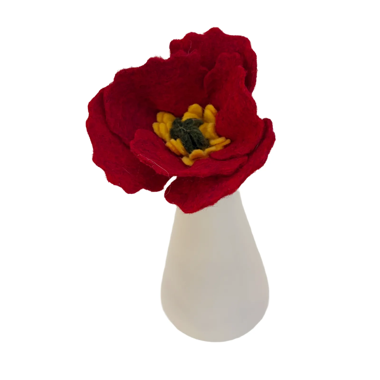 A deep red poppy felt flower with a textured green and yellow center