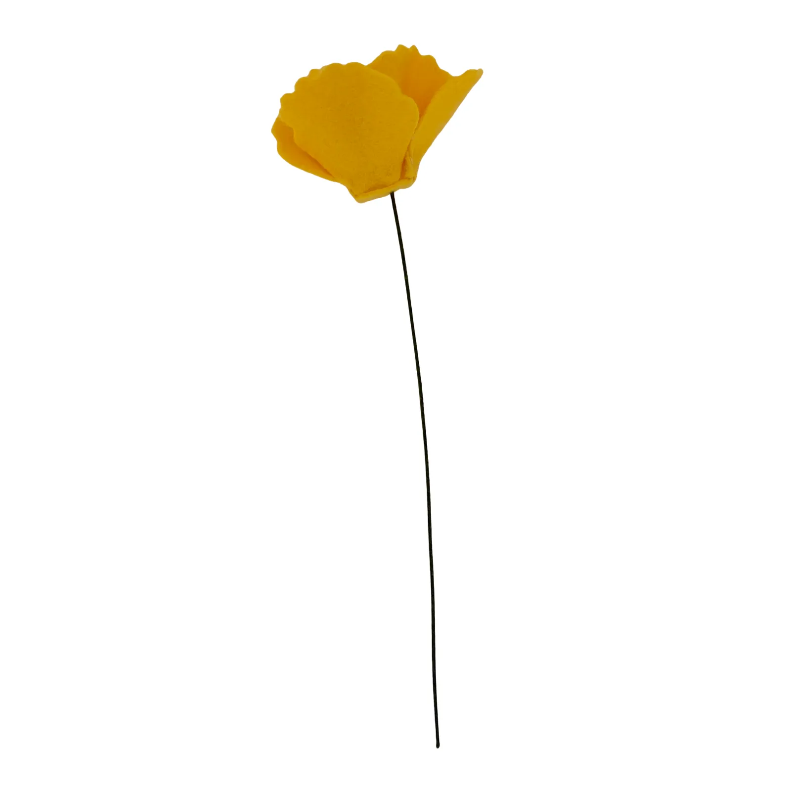 yellow felt poppy stem on a white background