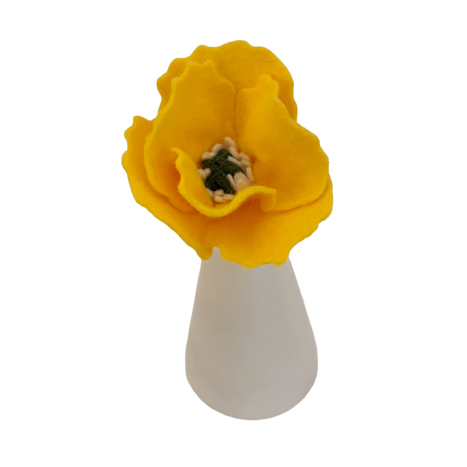 A bright yellow poppy felt flower with a textured green and beige center
