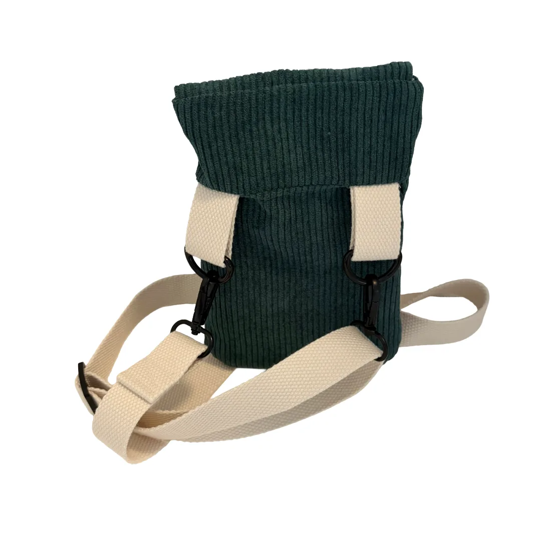 A teal green corduroy pouch bag with a beige webbed shoulder strap and black metal clips, shown on a plain white background.
