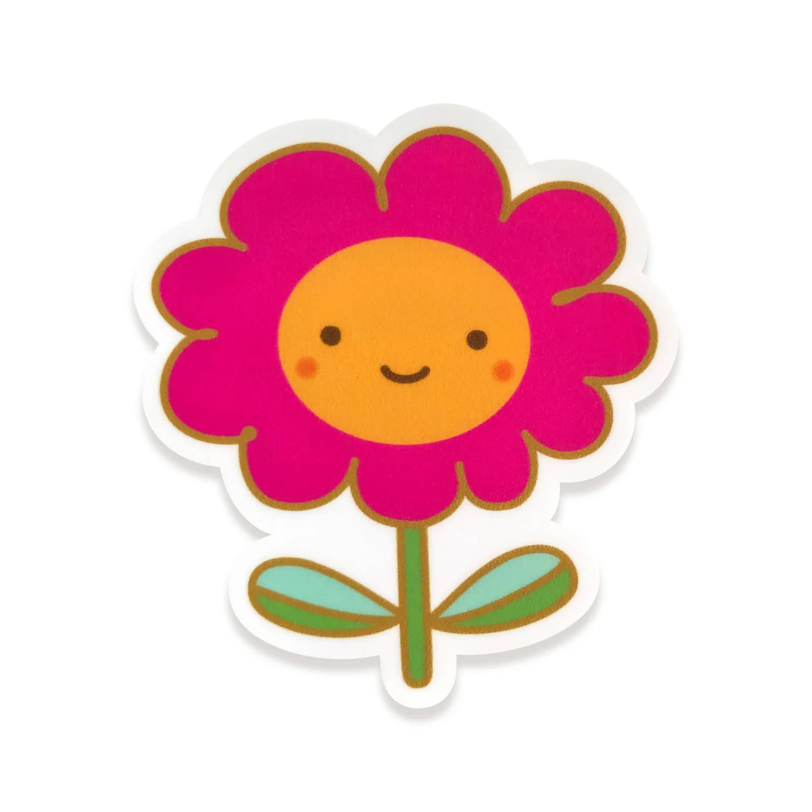 Sticker of a smiling flower with a pink petal and orange center on a white background