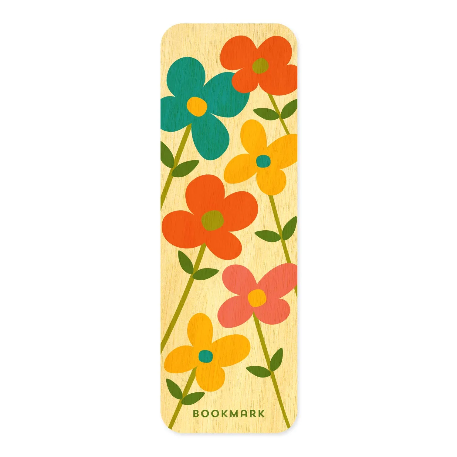 Wooden bookmark with colorful floral design on a white background