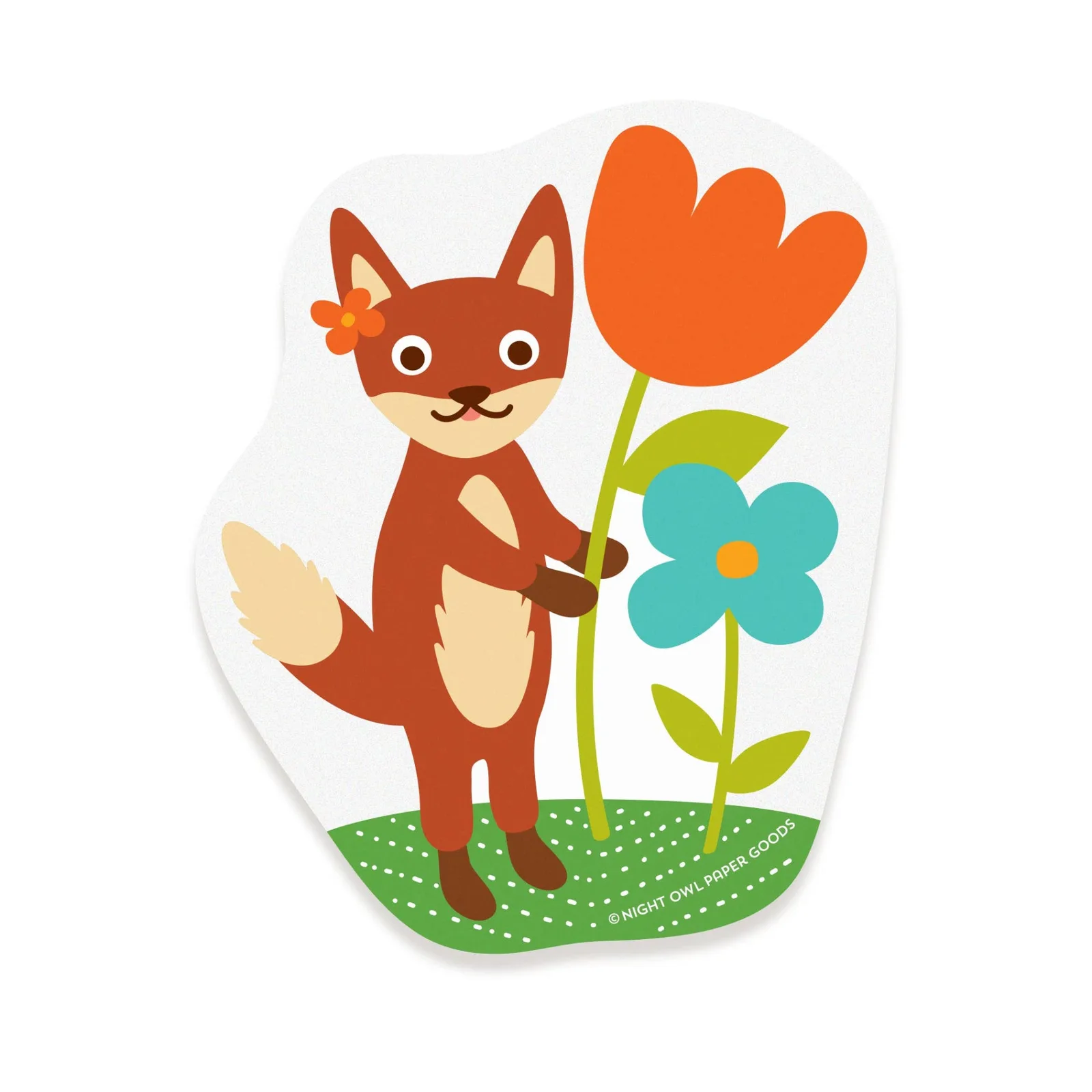 Heart-shaped card with a fox holding flowers on a white background