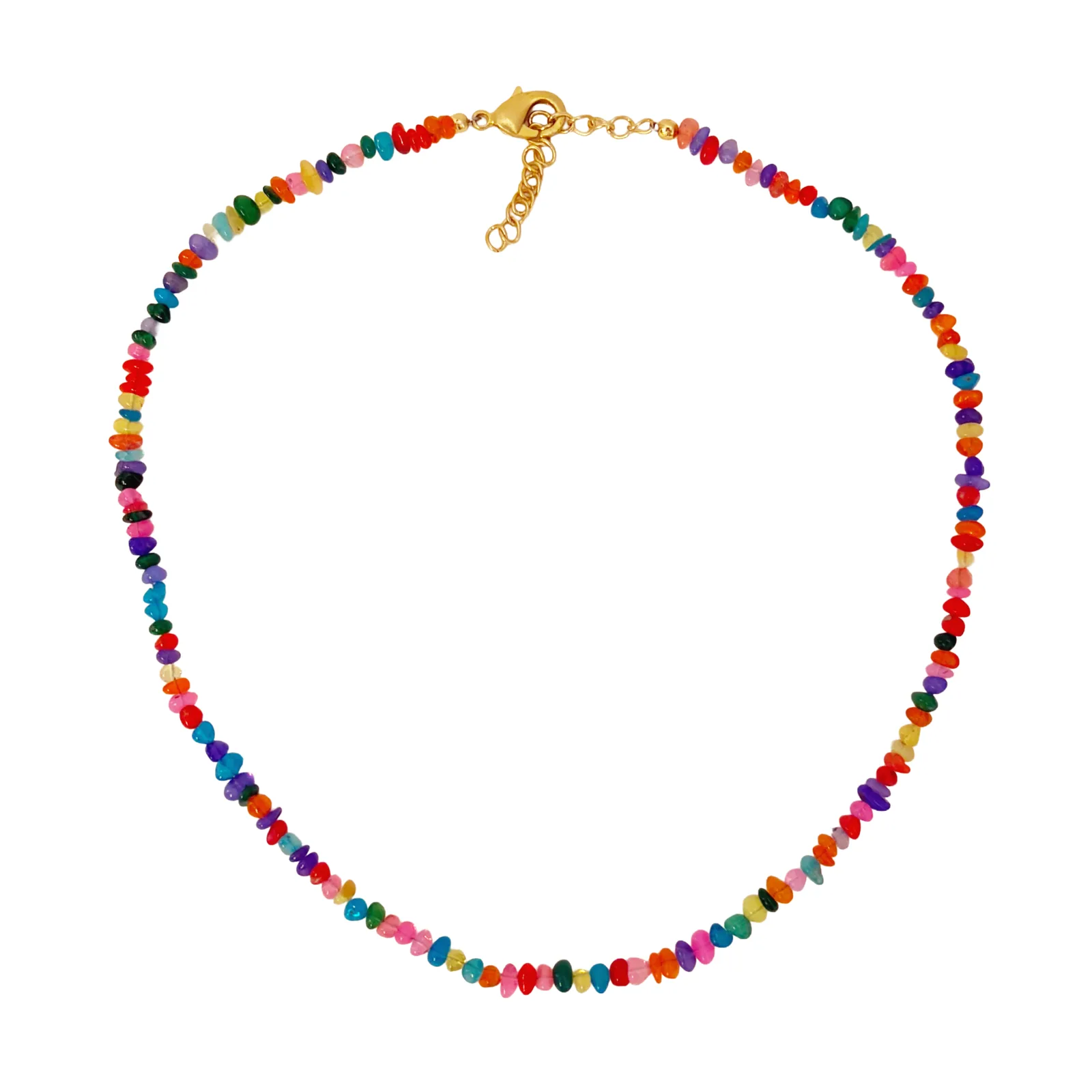 A colorful beaded necklace made of small, faceted gemstones in a rainbow of colors, accented by a gold clasp and extender chain, shown on a plain white background.