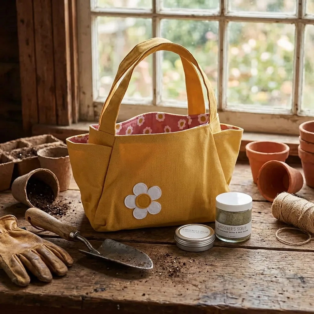 A yellow canvas gardening tote bag with a white flower applique sits on a rustic wooden table surrounded by gardening tools, pots, gloves, and seed starter jars in front of a window.
