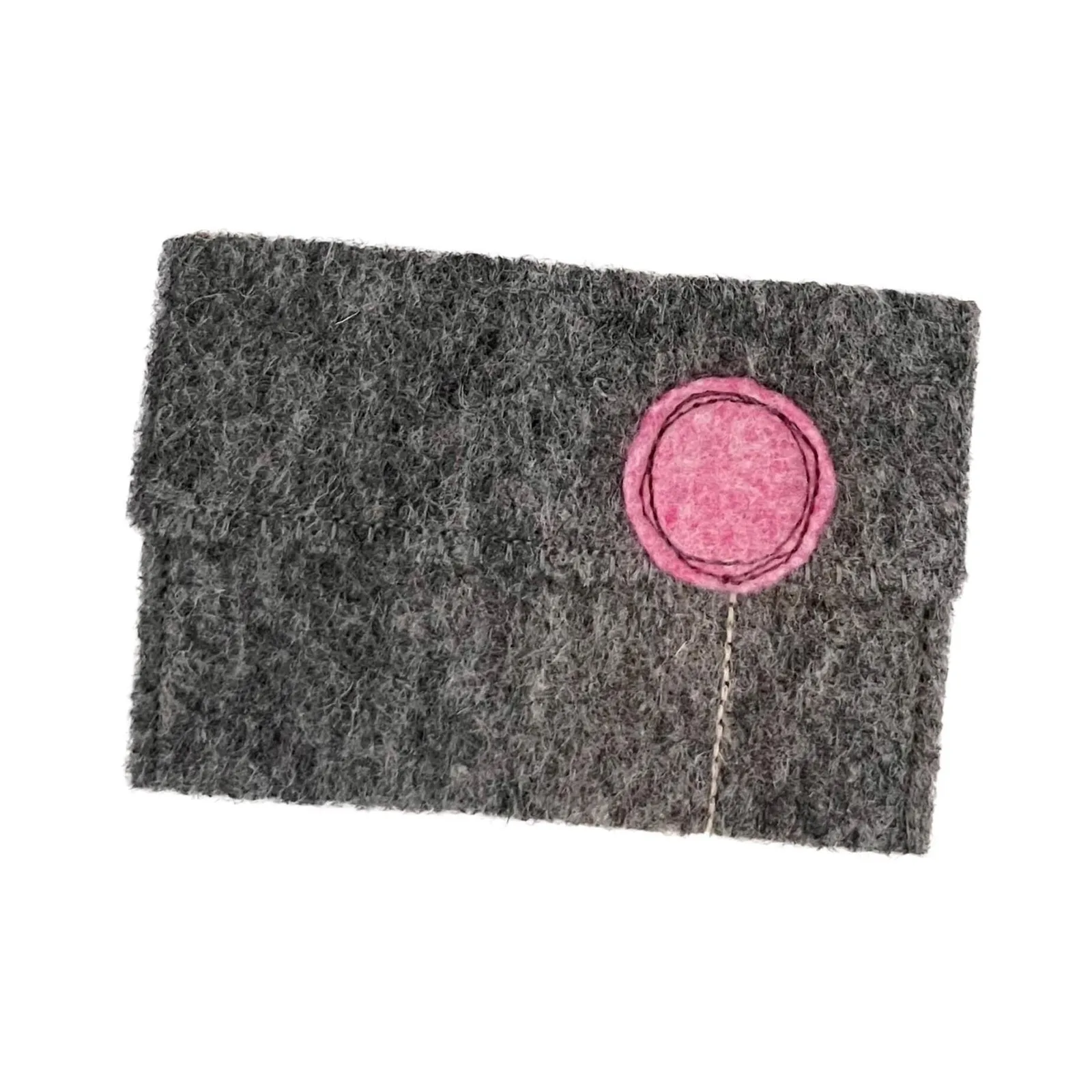 Gray felt pouch with a pink circle on a white background