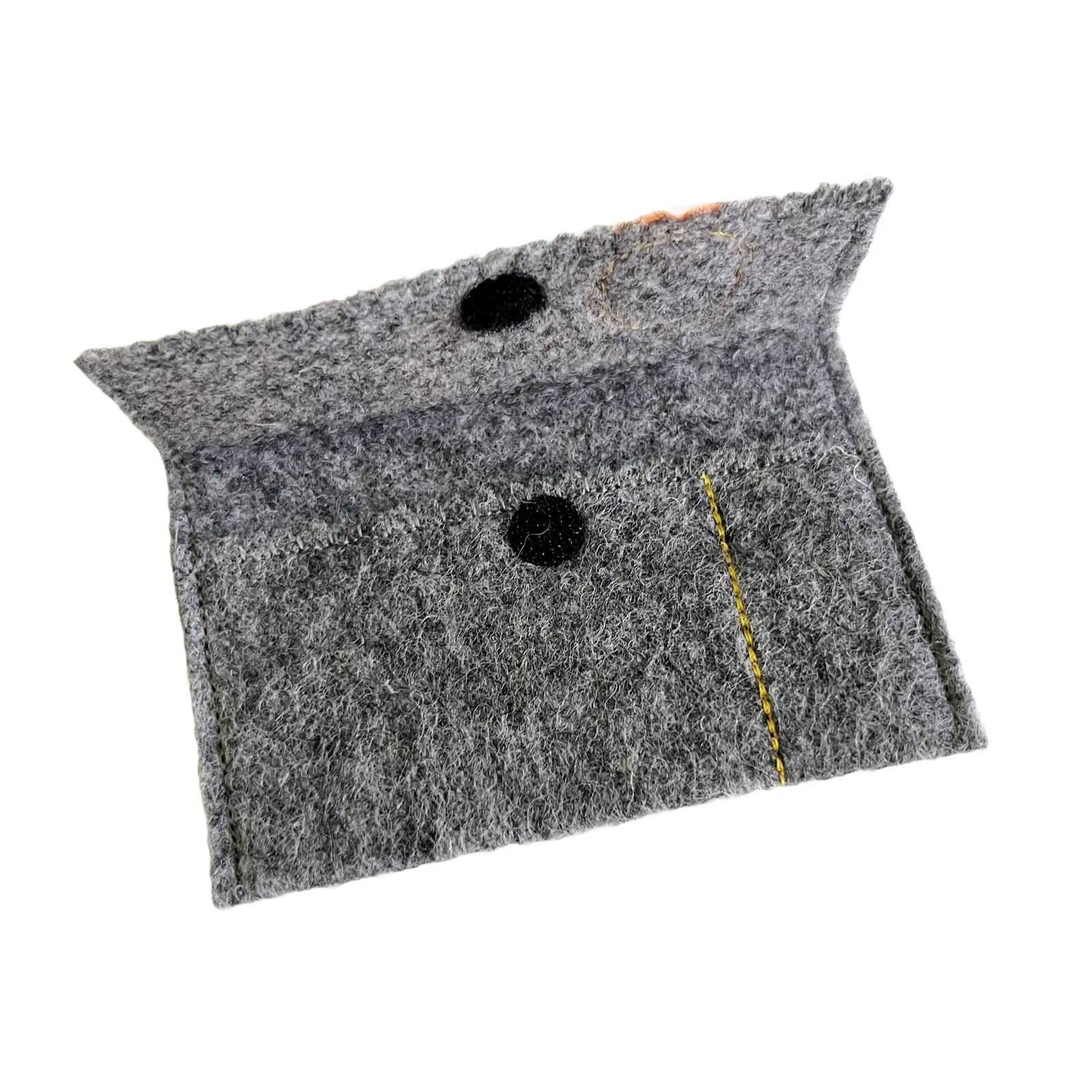 Gray felt pouch with two black buttons on a white background