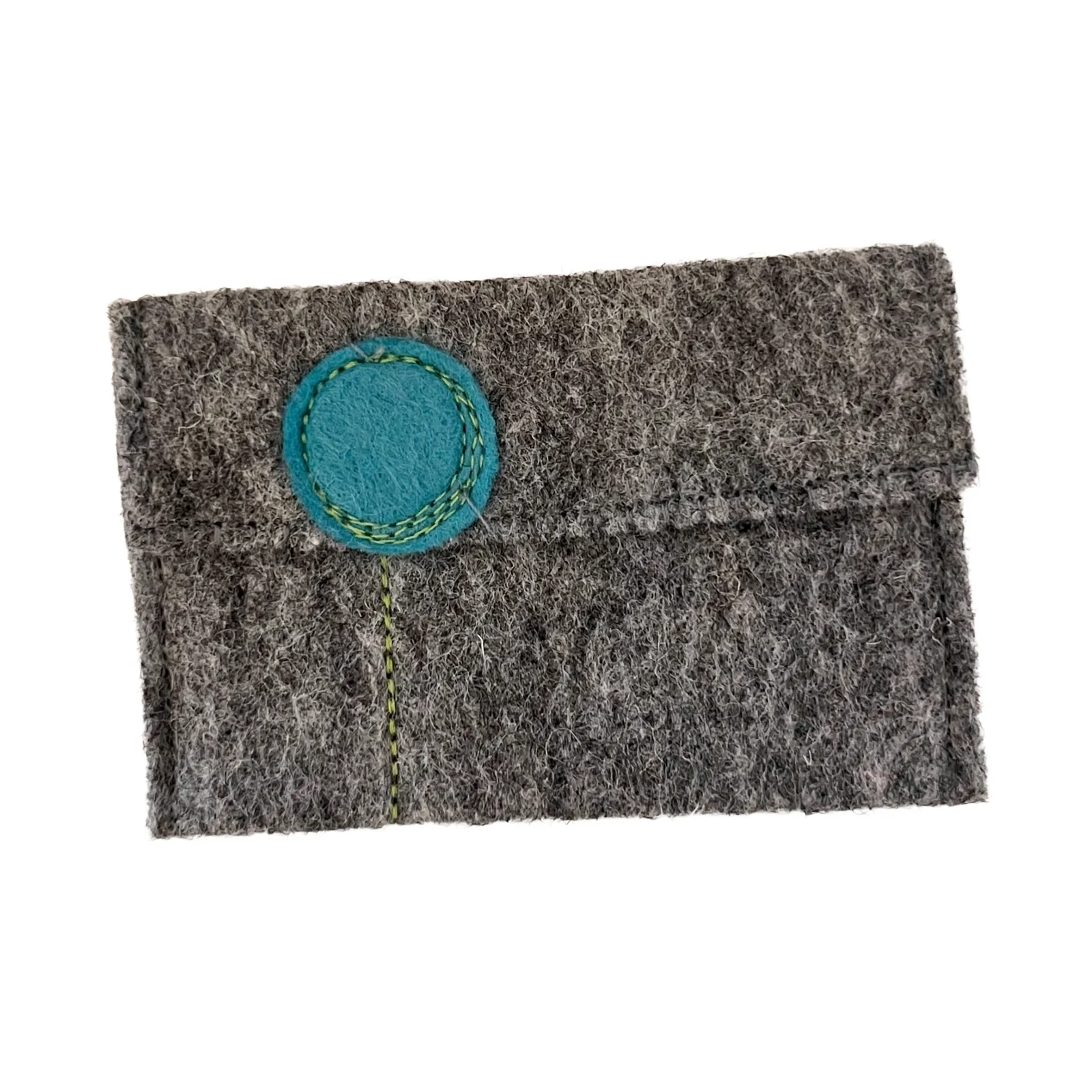 Gray felt pouch with a blue circular patch on a white background