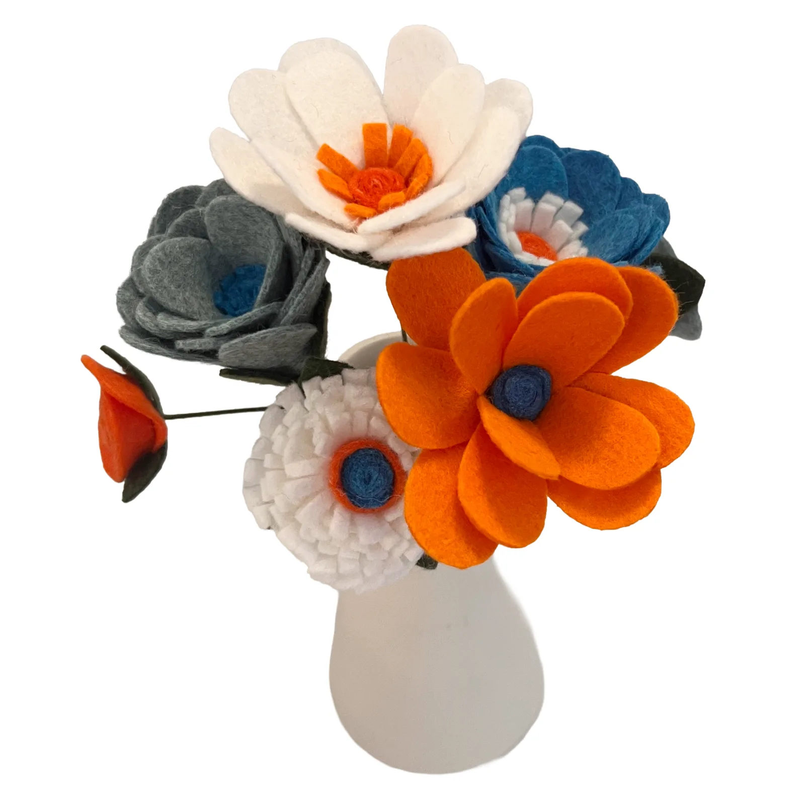 Felt flower arrangement with orange, blue, and white flowers on a white background