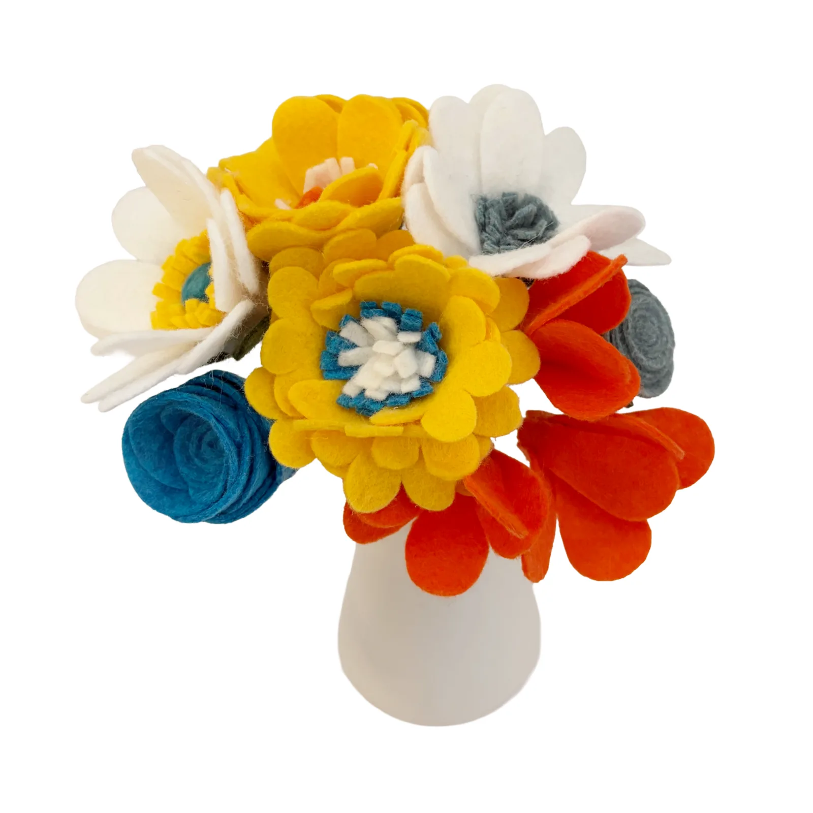 A colorful felt flower bouquet arrangement in a small white vase, featuring yellow, orange, white, blue, and gray felt flowers on a plain white background.