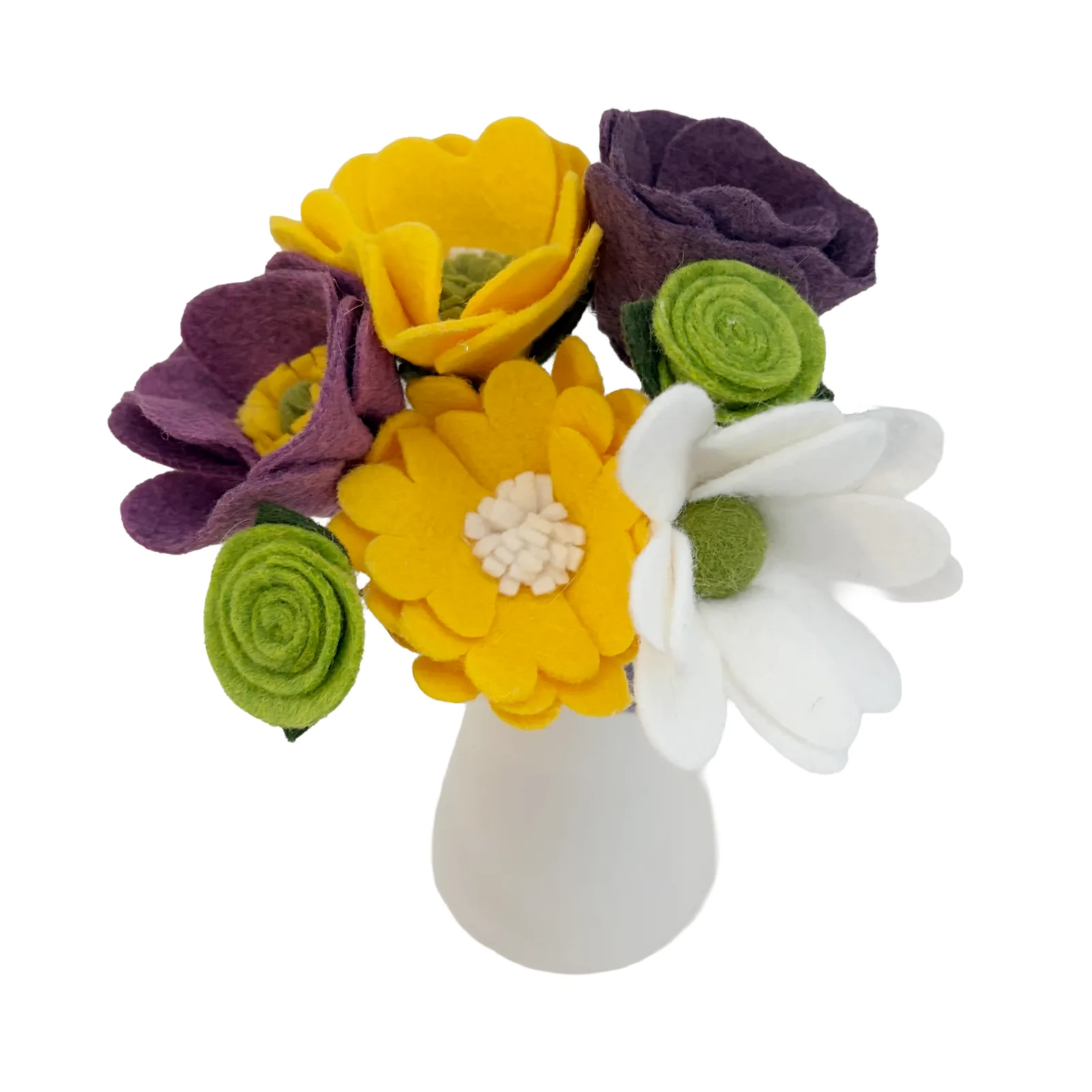 A small felt flower bouquet in a white vase, featuring yellow, purple, white, and green felt blossoms on a plain white background.