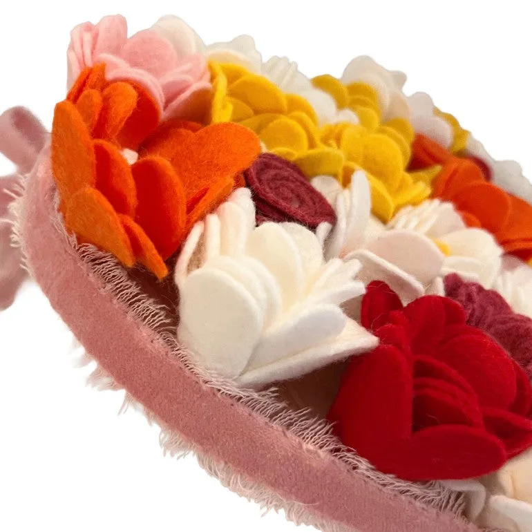 Colorful felt flowers on a white background
