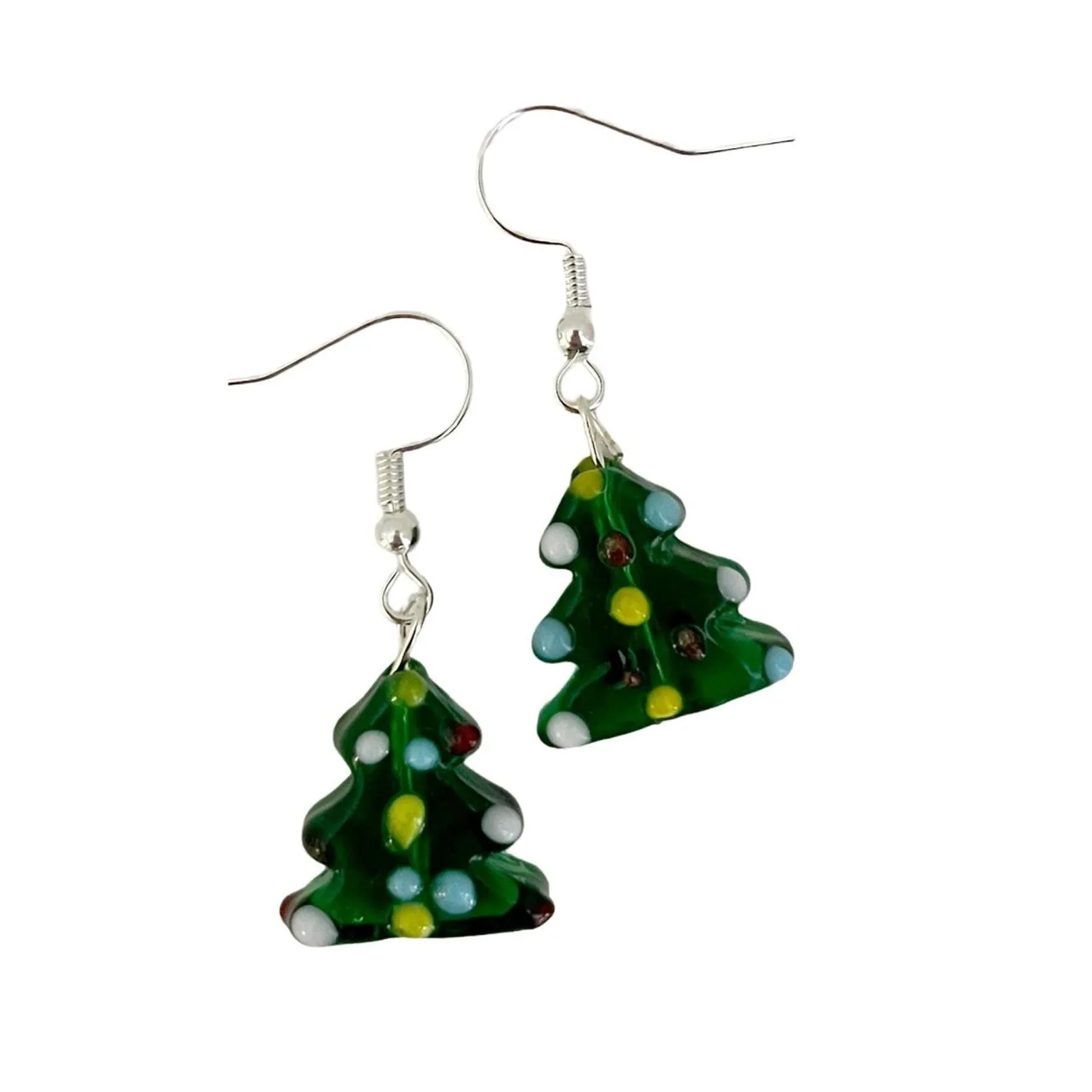 Green Christmas tree-shaped earrings on a white background
