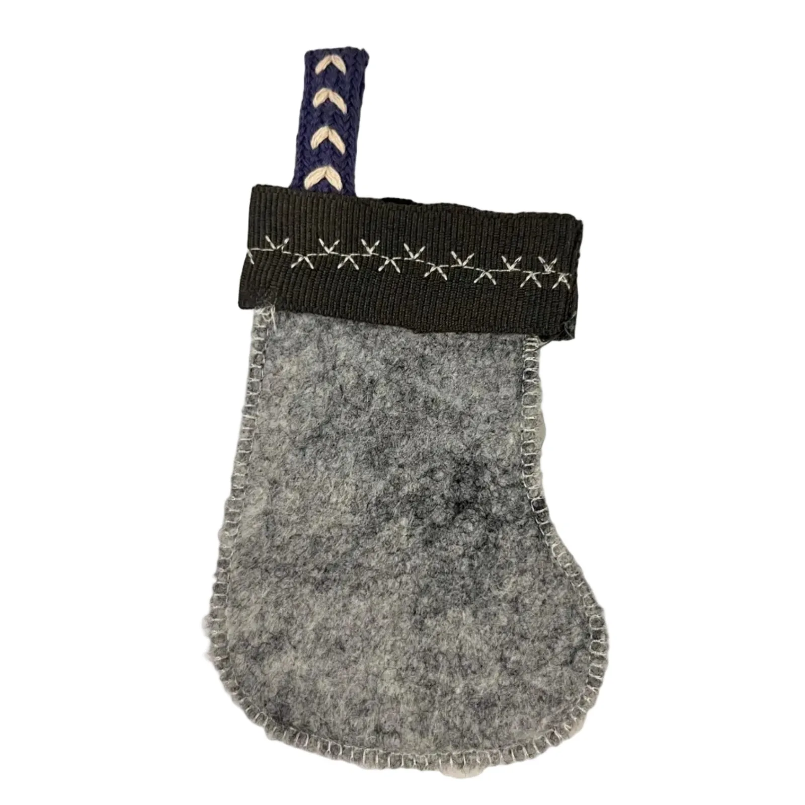 Gray felt Christmas stocking with black trim and white stitching on a white background