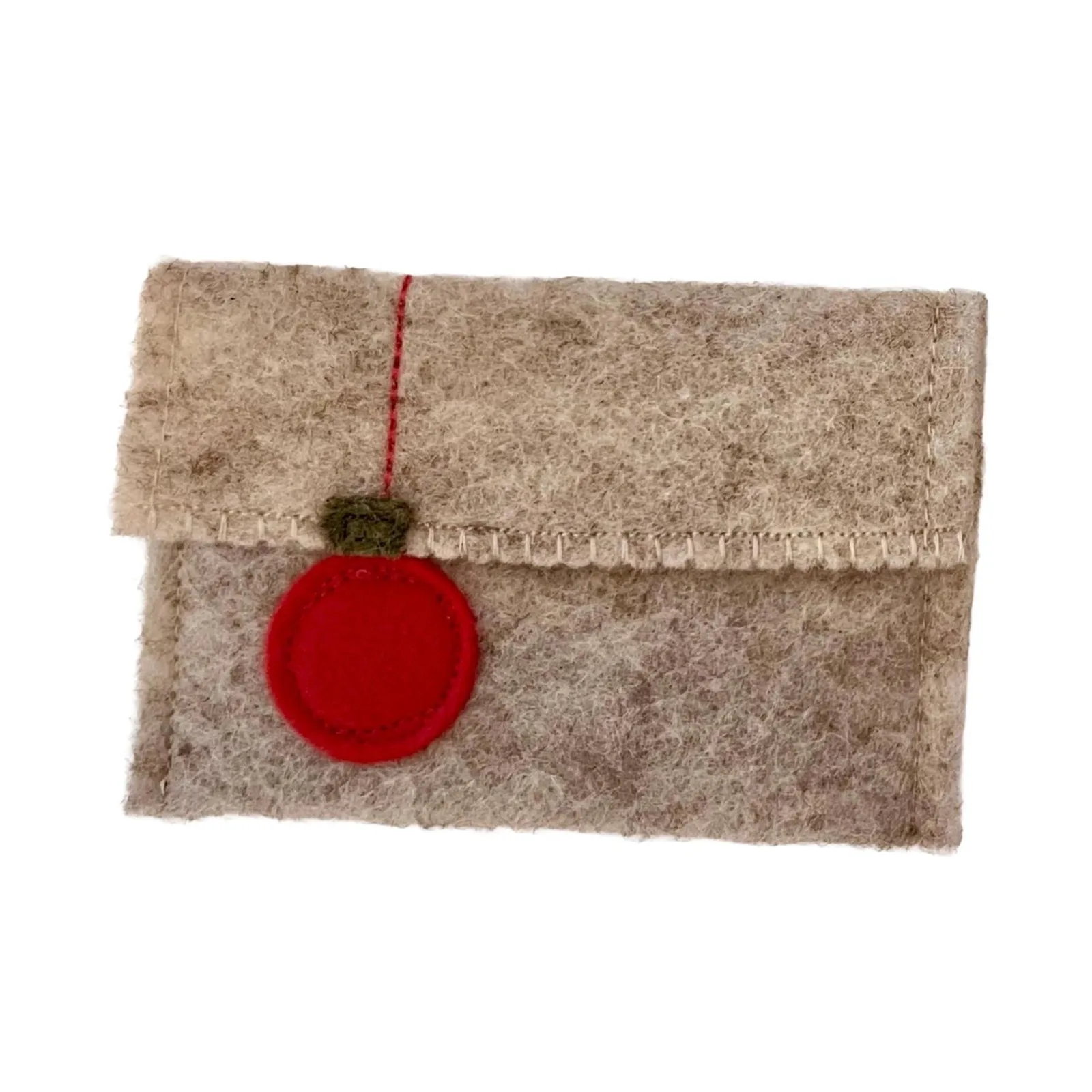 Felted pouch with a red circular patch and green accent on a white background