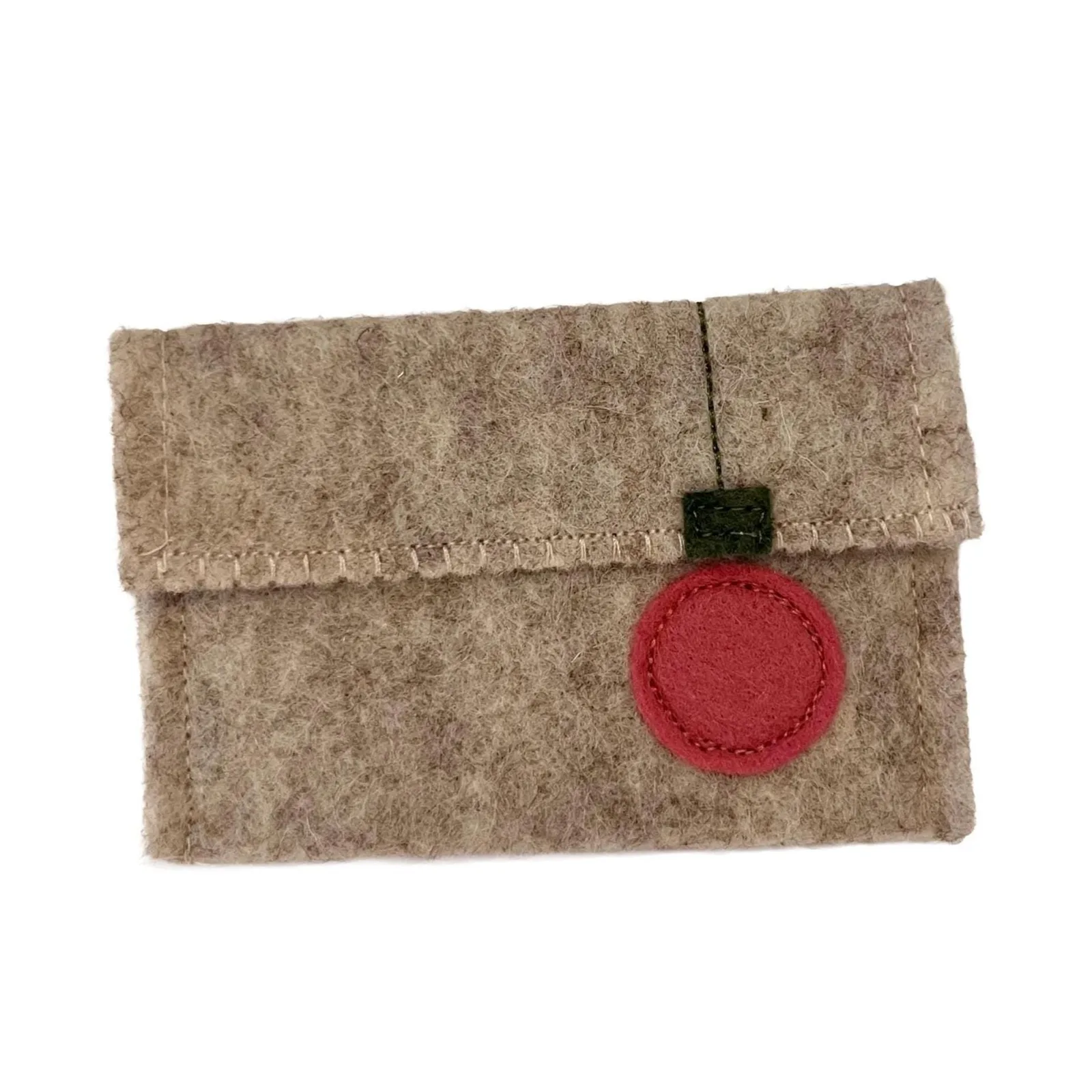 Beige felt pouch with a pink circular patch on a white background