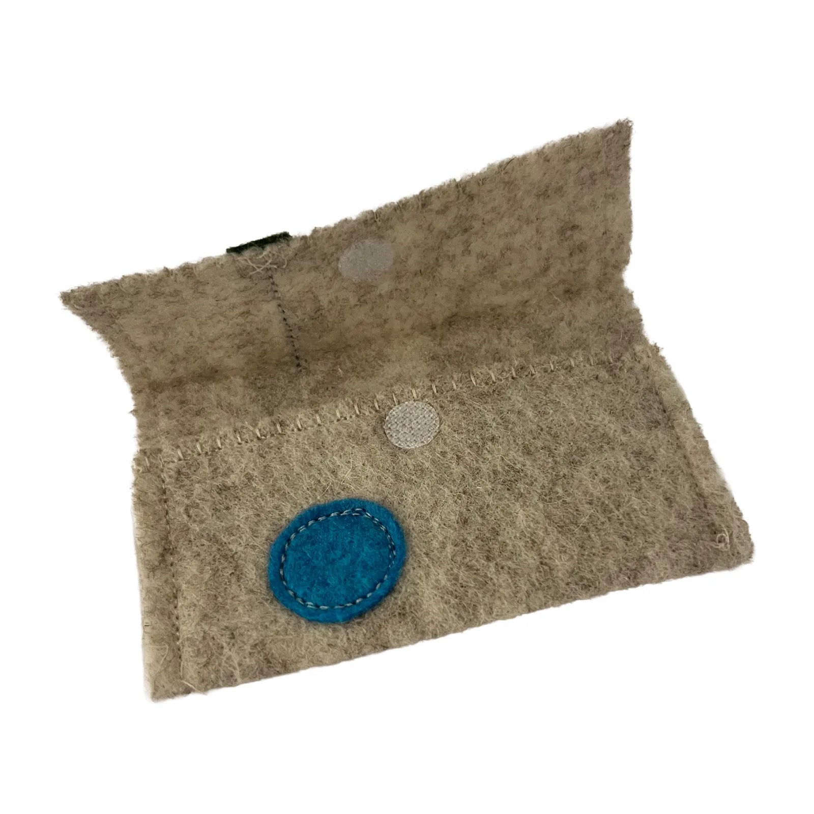 Brown pouch with a blue circular patch on a white background