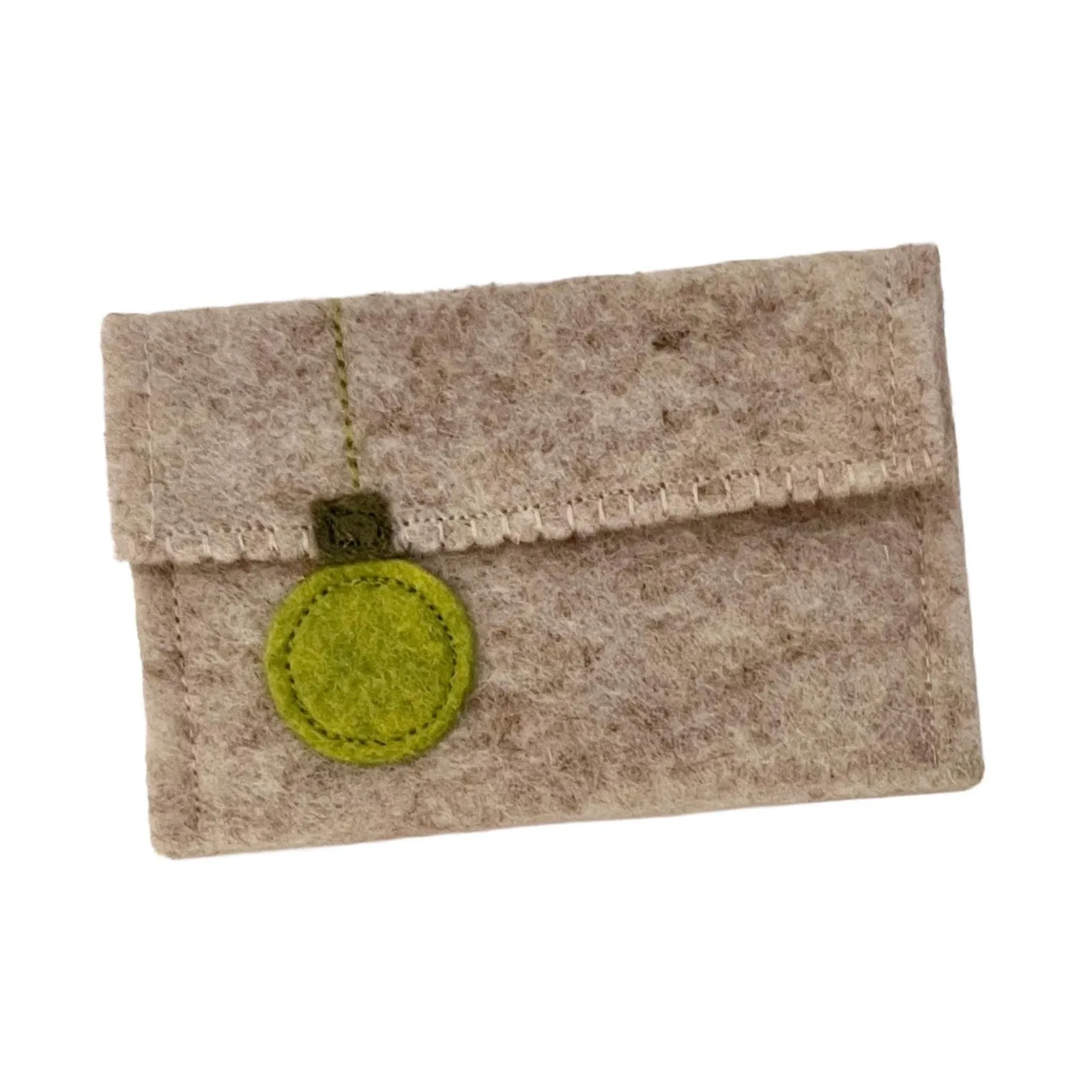 Beige felt pouch with a green circular patch on a white background