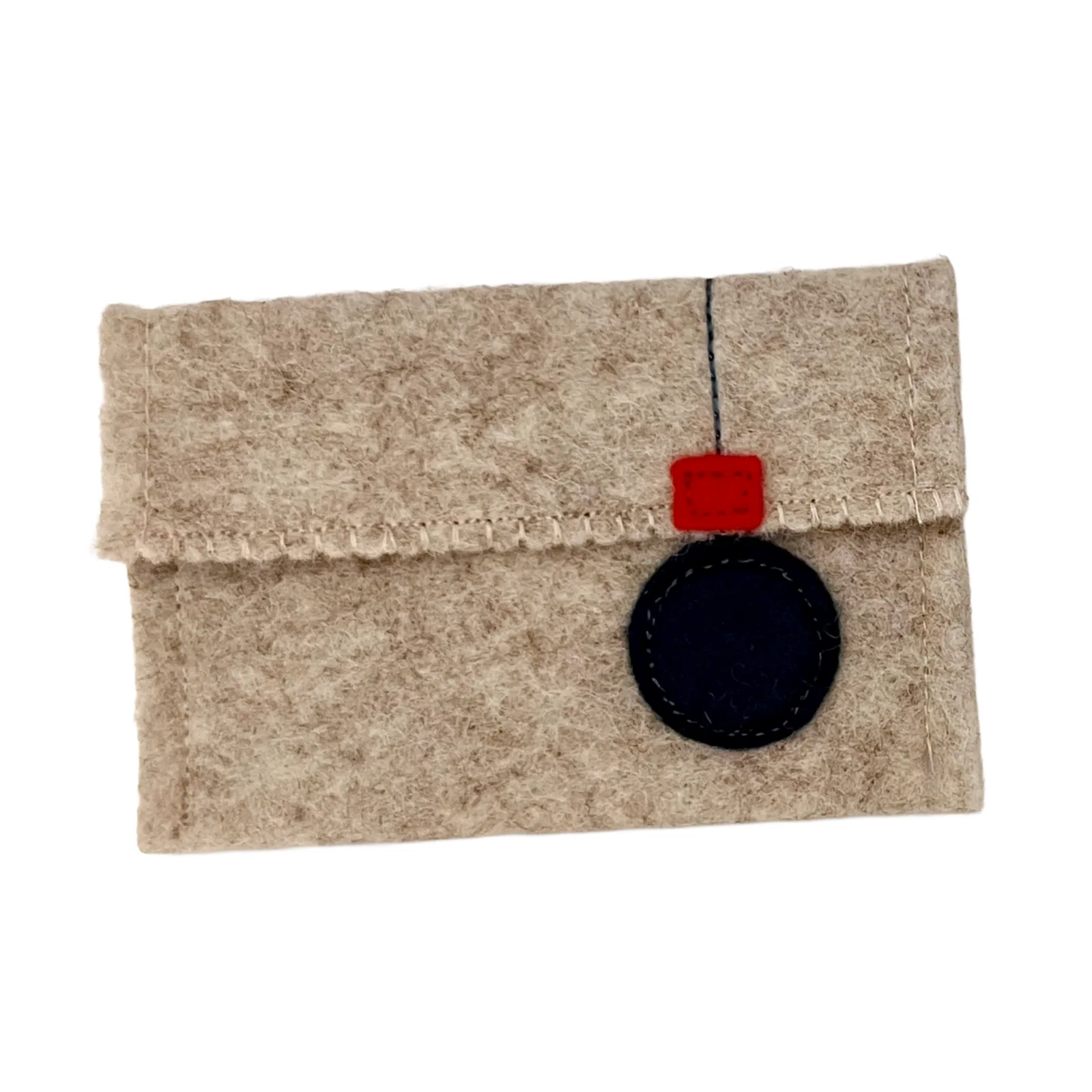 Beige felt pouch with a blue ornament on a white background