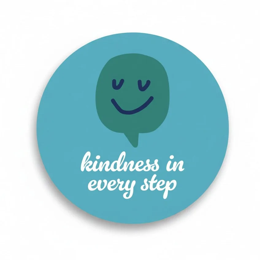 Be Kind Goods 3-inch circular vinyl sticker featuring a teal background, a smiling face icon, and white text.