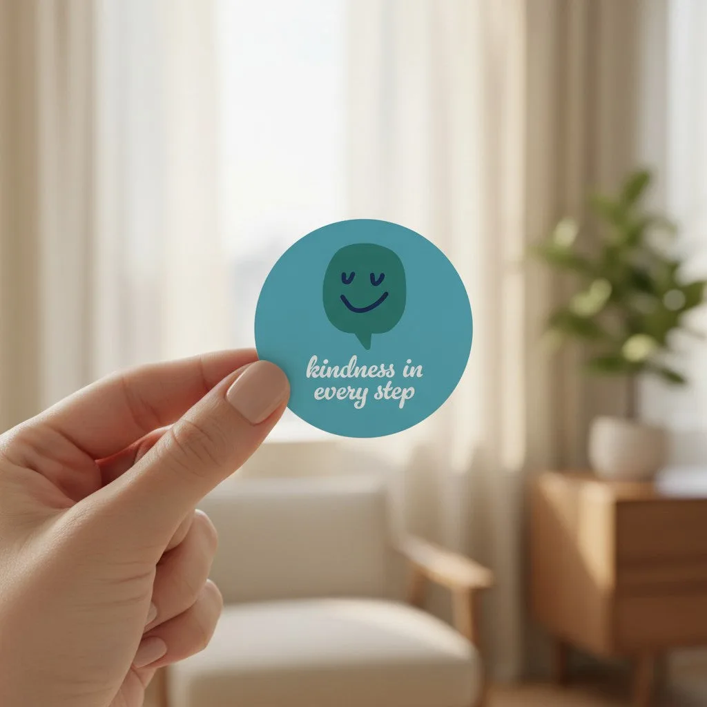 Be Kind Goods 3-inch circular vinyl sticker featuring a teal speech bubble with a smiling face and kindness text