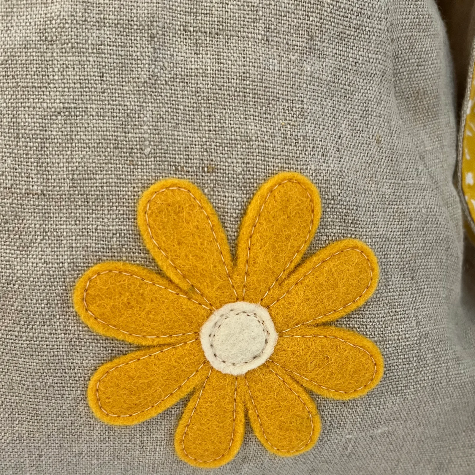 Yellow flower patch on a linen fabric background