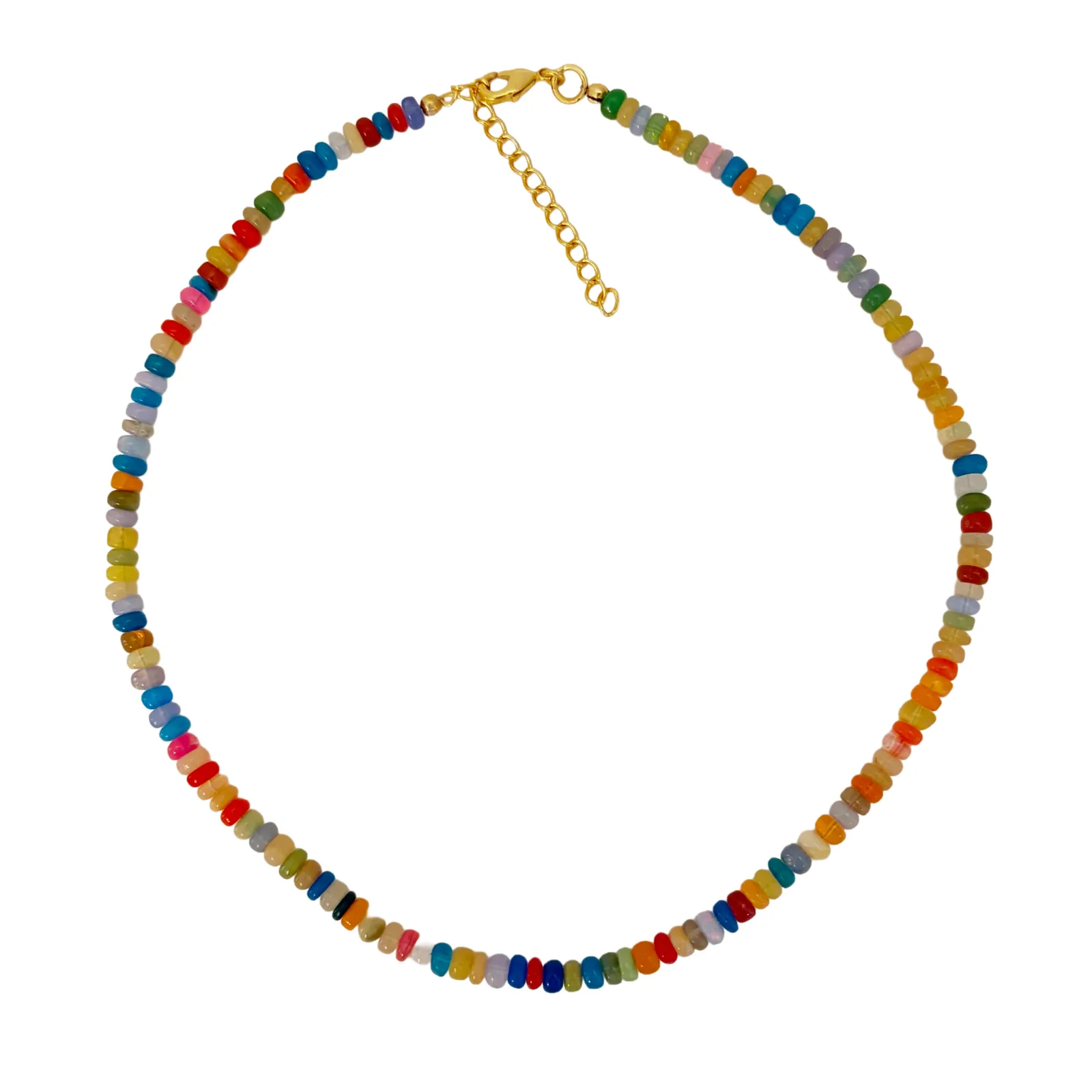A beaded choker necklace featuring small, multi-colored stone beads in various earthy tones, accented by a gold-tone clasp and extender chain, shown on a plain white background.
