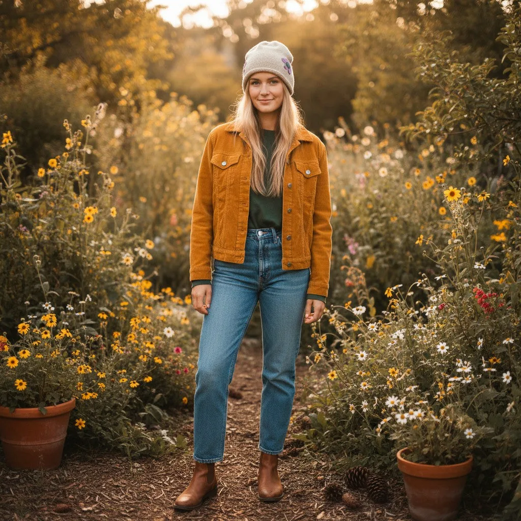 A woman stands in a sunlit garden wearing a mustard yellow corduroy jacket, blue jeans, a dark green top, and a light gray beanie.