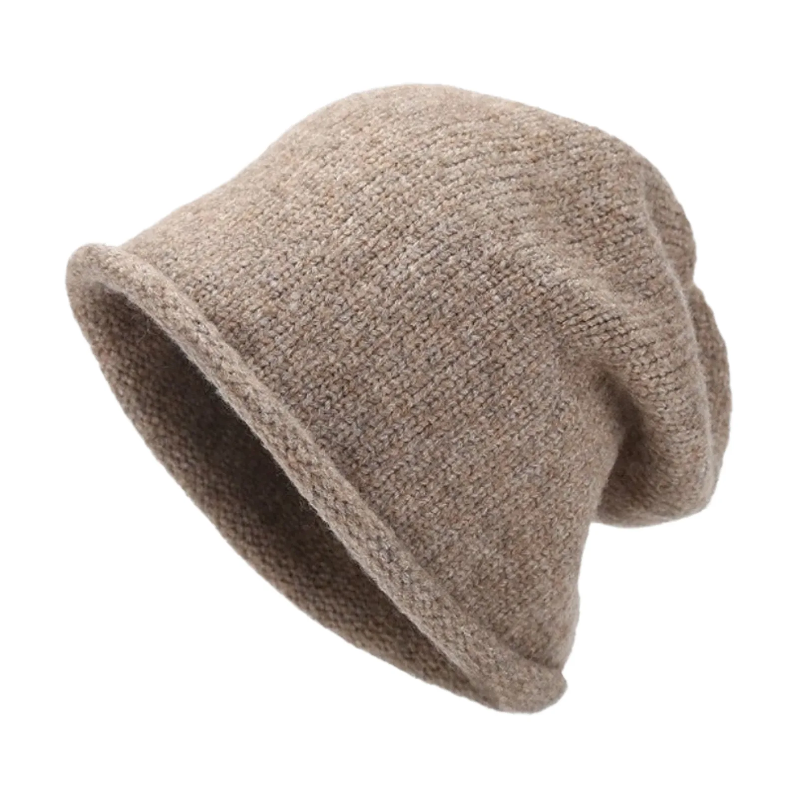 A slouchy knit beanie hat in a heathered taupe-brown color, shown against a plain white background.