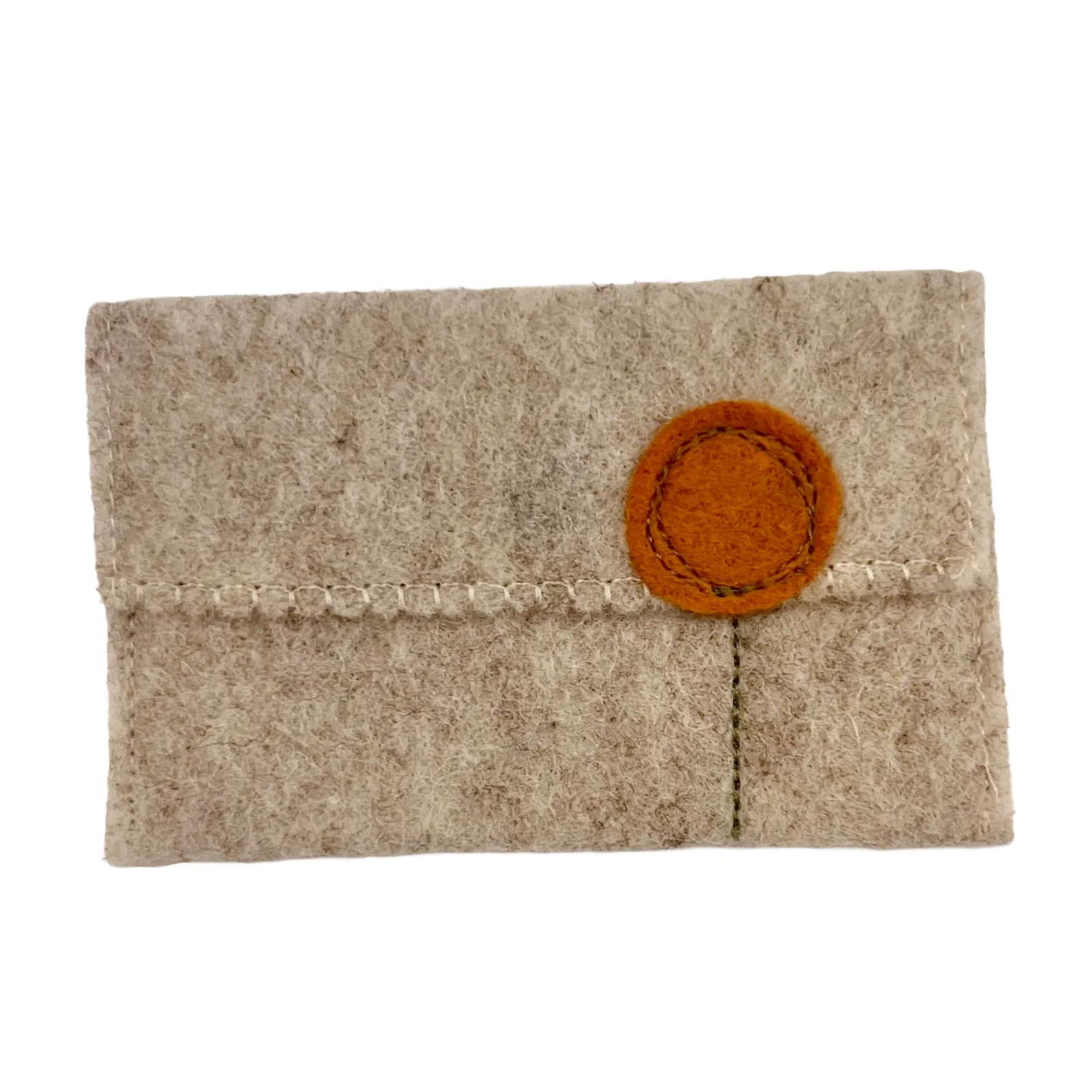 Beige felt pouch with a brown circular patch on a white background