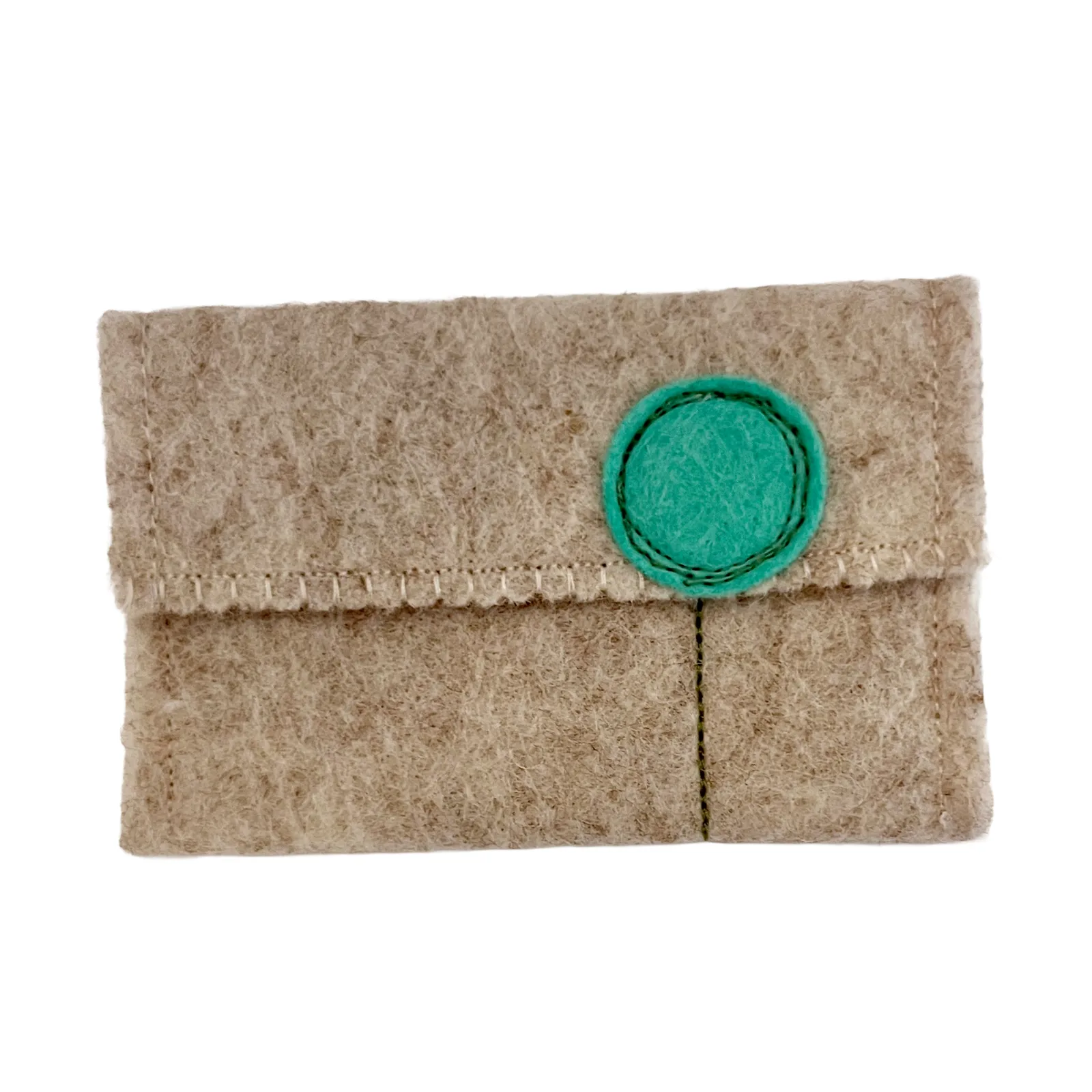 Beige fabric pouch with a green circular flap on a white background